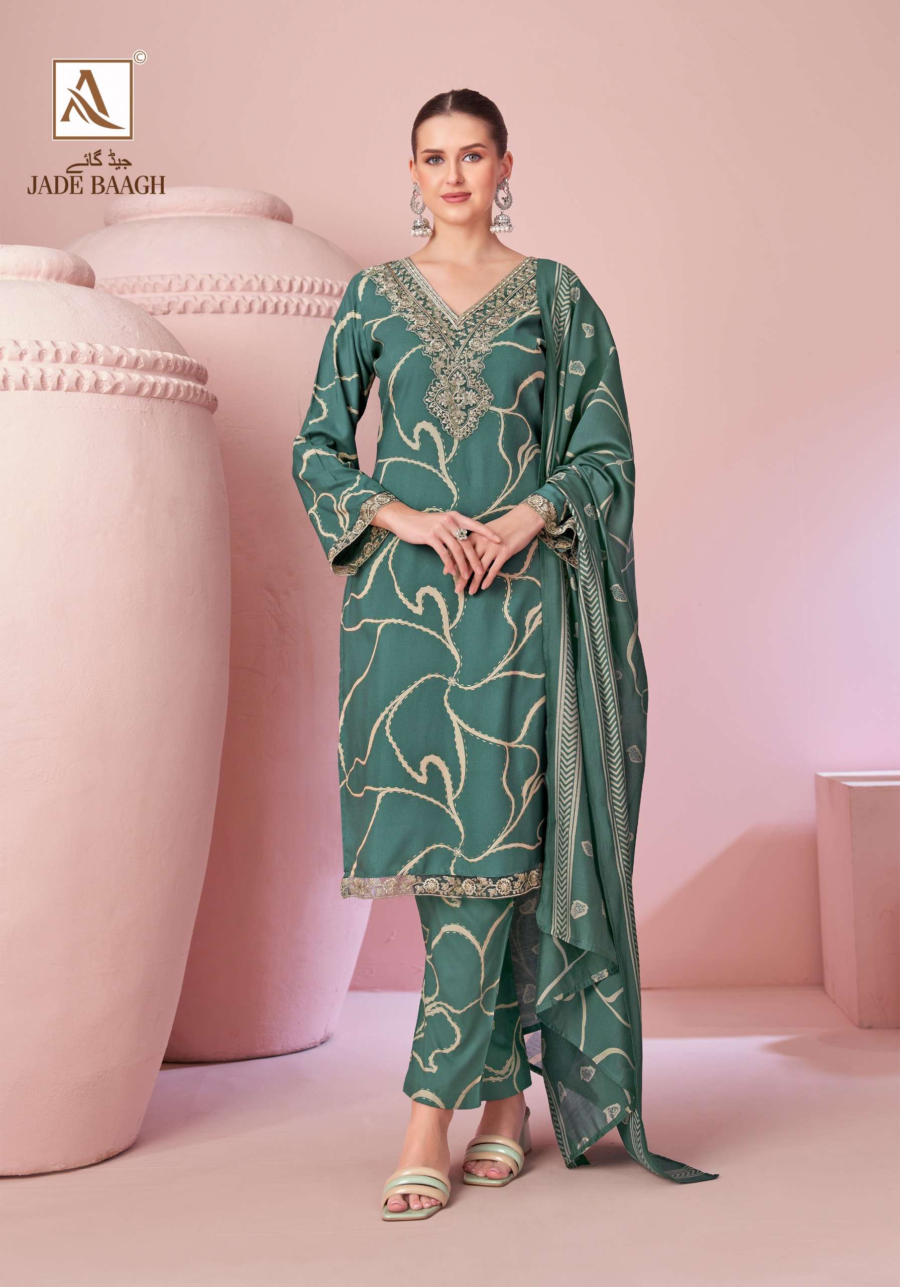 ALOK SUITS JADE BAGH VISCOSE FOIL PRINT WITH FANCY EMBROIDERY WORK SUIT