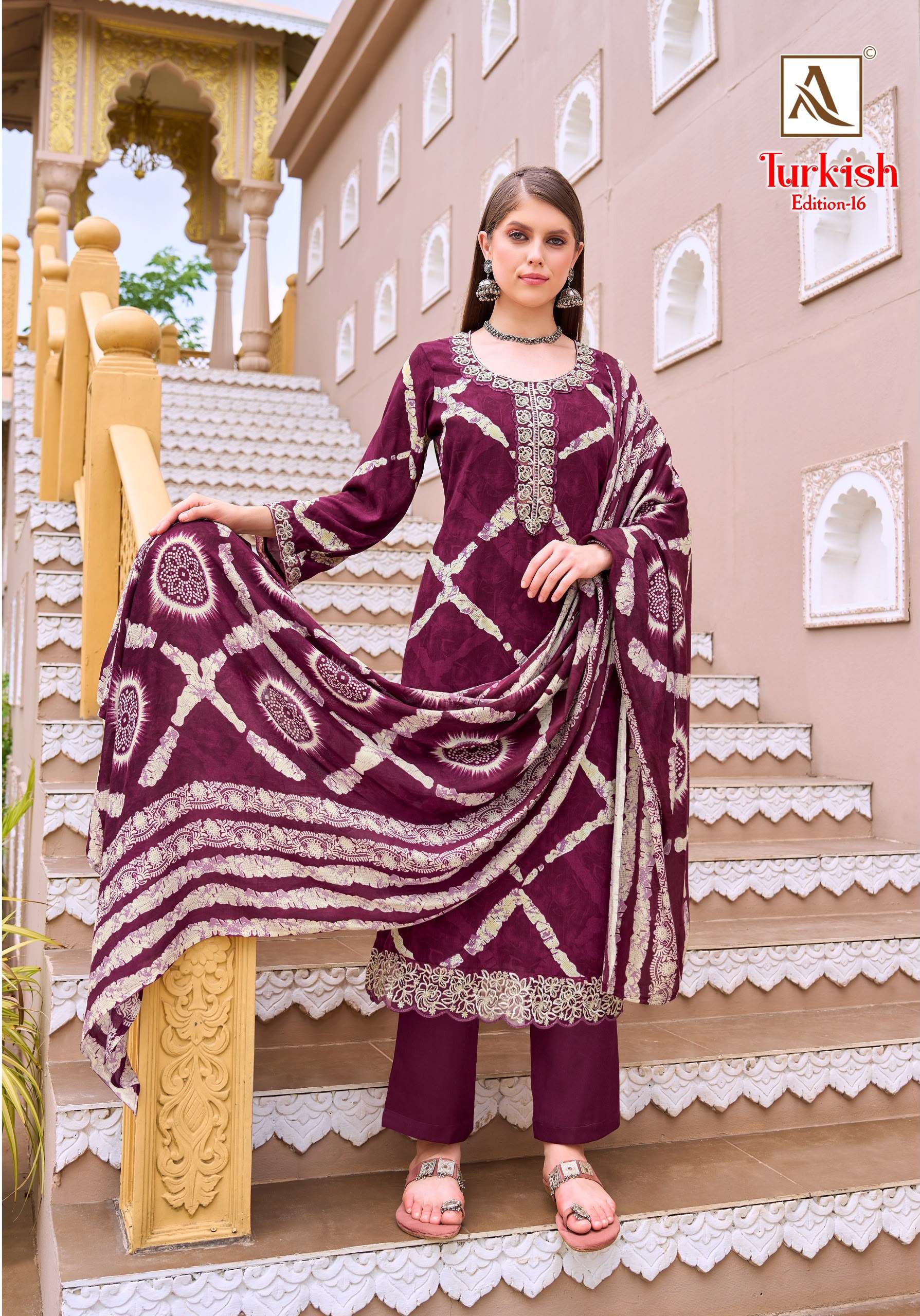 ALOK SUITS TURKISH EDITION 16 VISCOSE RAYON PRINT WITH FANCY WORK SUIT