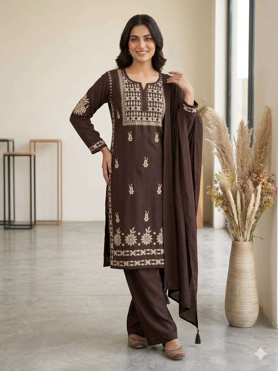 BE 478 RAYON CHIKANKARI EMBROIDERED WORKED TOP PLAZZO WITH DUPATTA SET 
