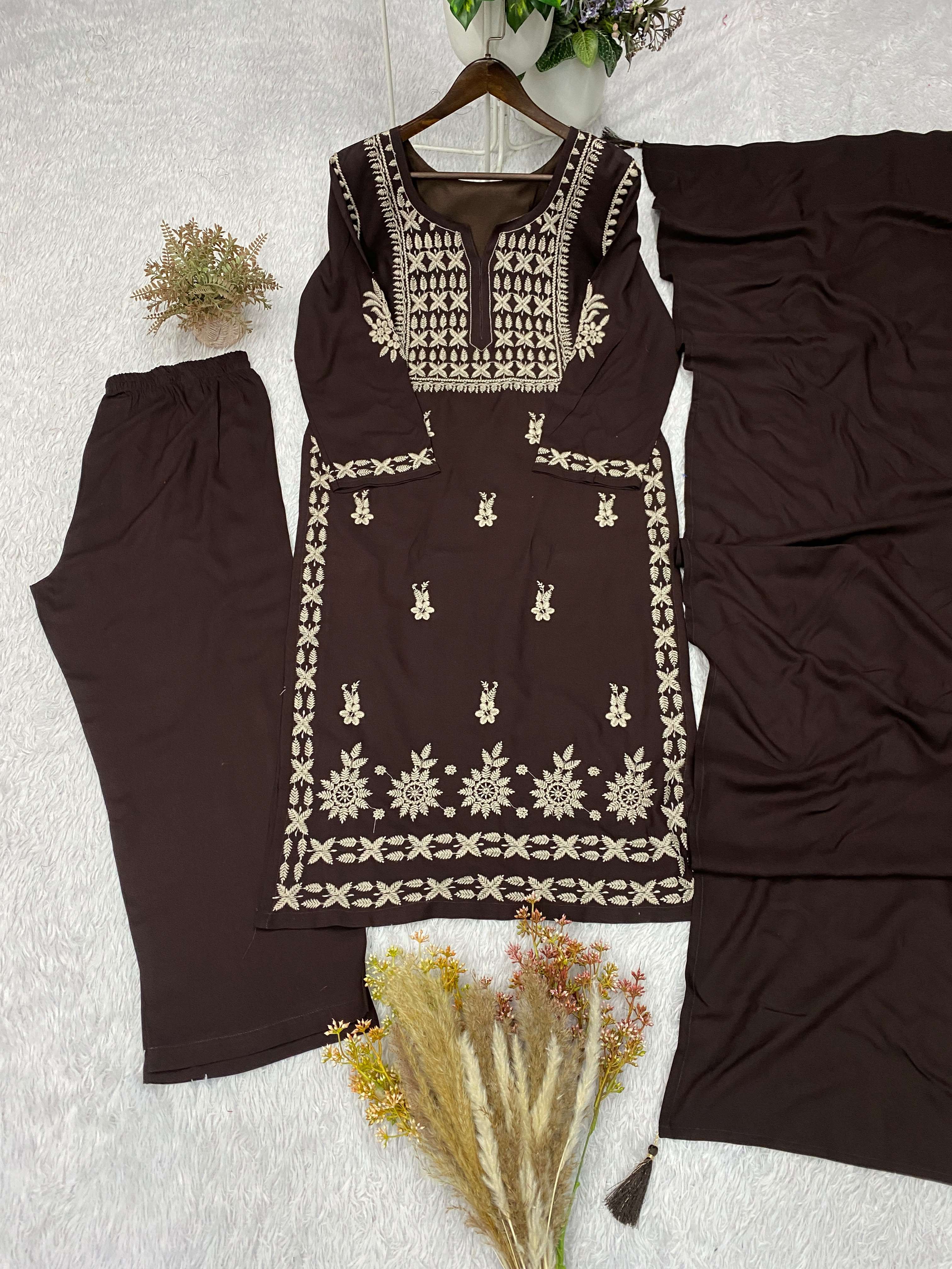 BE 478 RAYON CHIKANKARI EMBROIDERED WORKED TOP PLAZZO WITH DUPATTA SET 