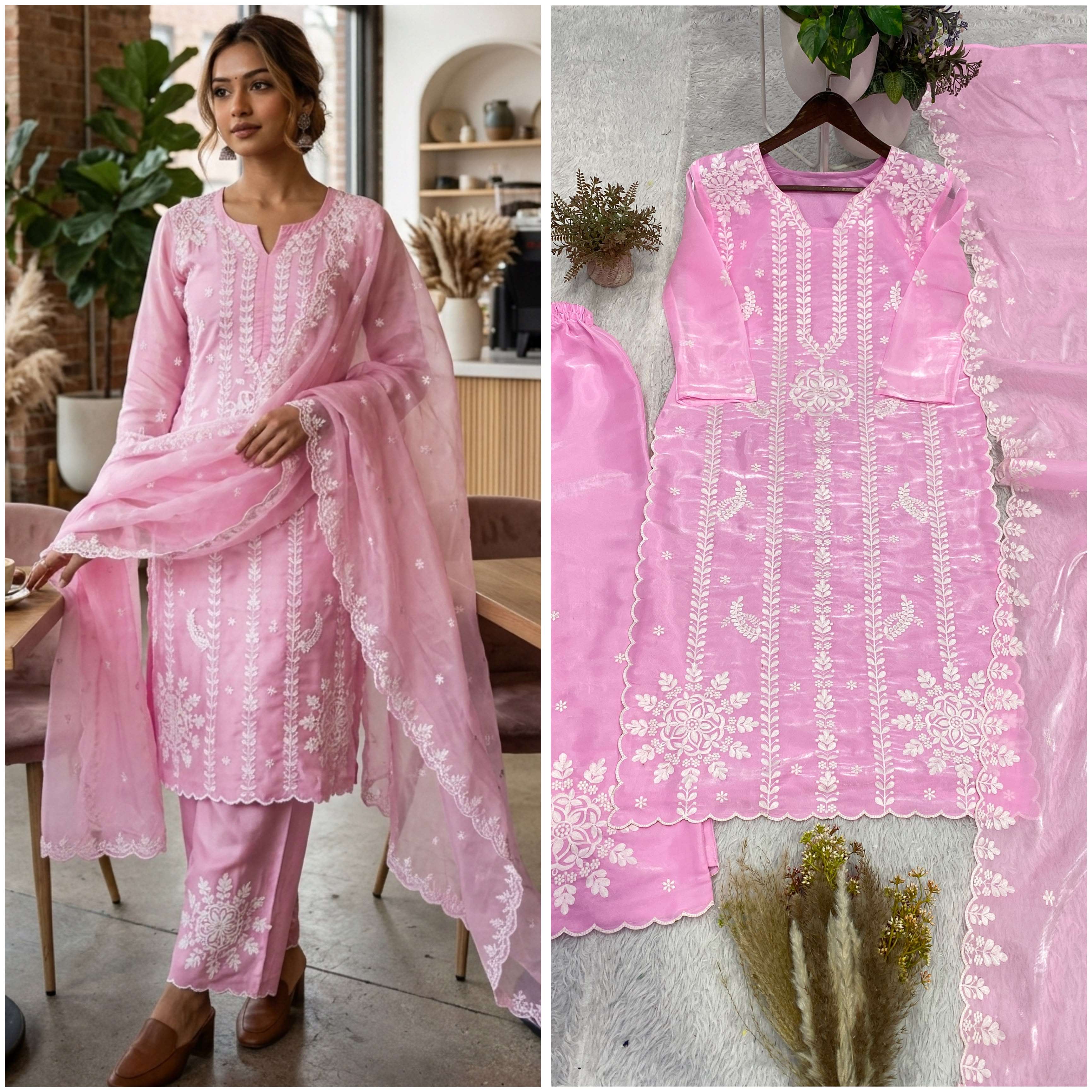 BE 479 JIMMY CHOO FABRIC  DESIGNER EMBROIDERED WORKED TOP  PLAZZO SUIT WITH DUPATTA SET