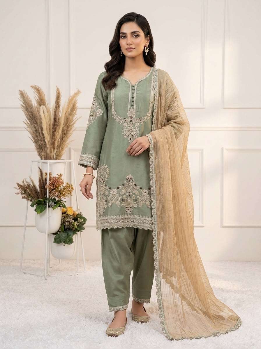 BE 482 SATIN EMBROIDERED WORKED TOP SALWAAR WITH DUPATTA SET