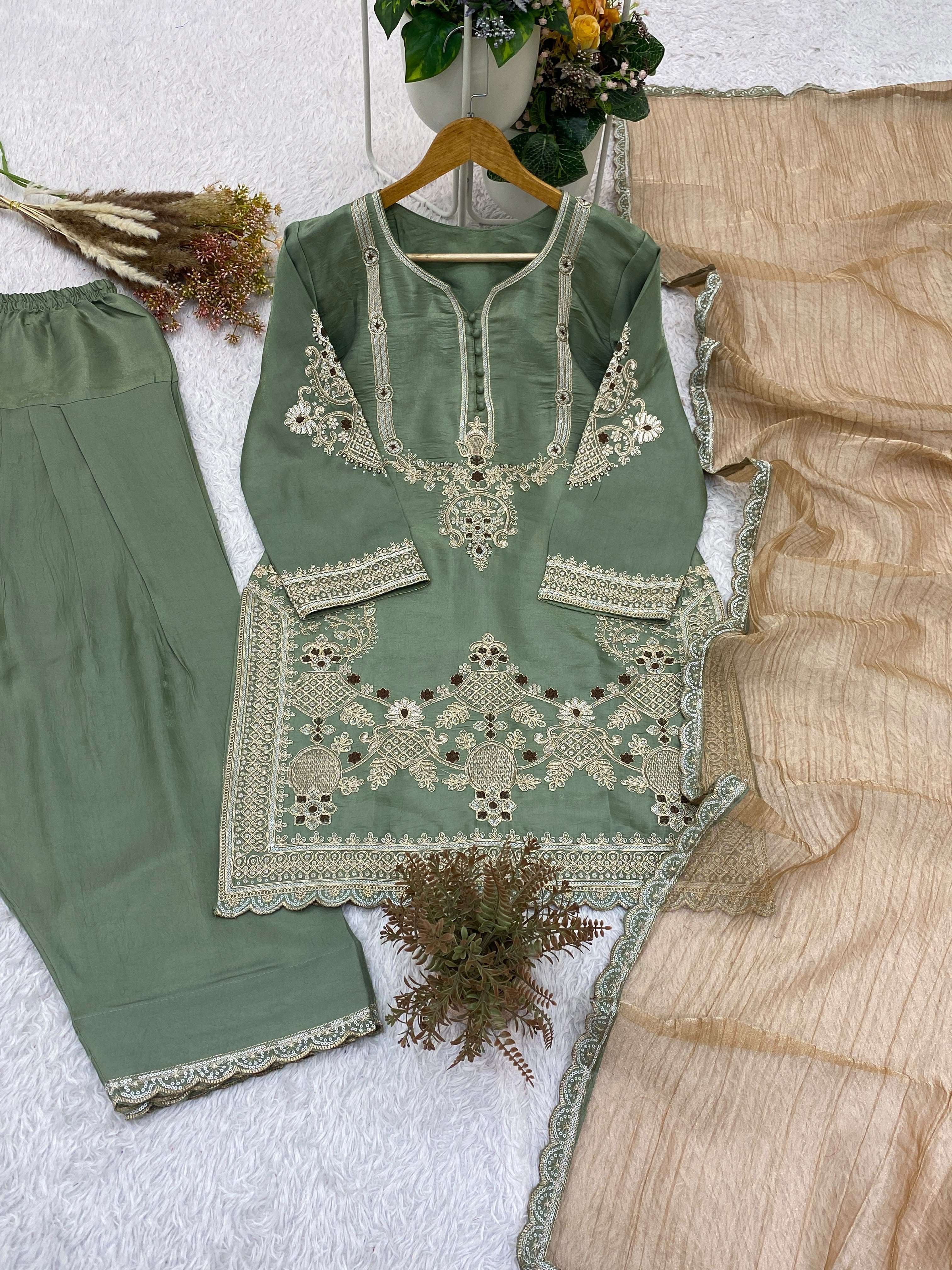 BE 482 SATIN EMBROIDERED WORKED TOP SALWAAR WITH DUPATTA SET