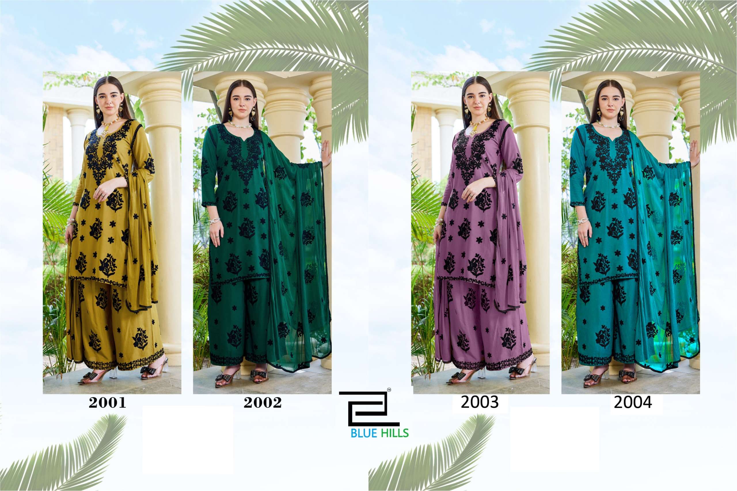 BLUE HILLS BLACK BUNNY VOL 30 RAYON FANCY WORKS LADIES KURTI BOTTOM AND DUPATTA SET 