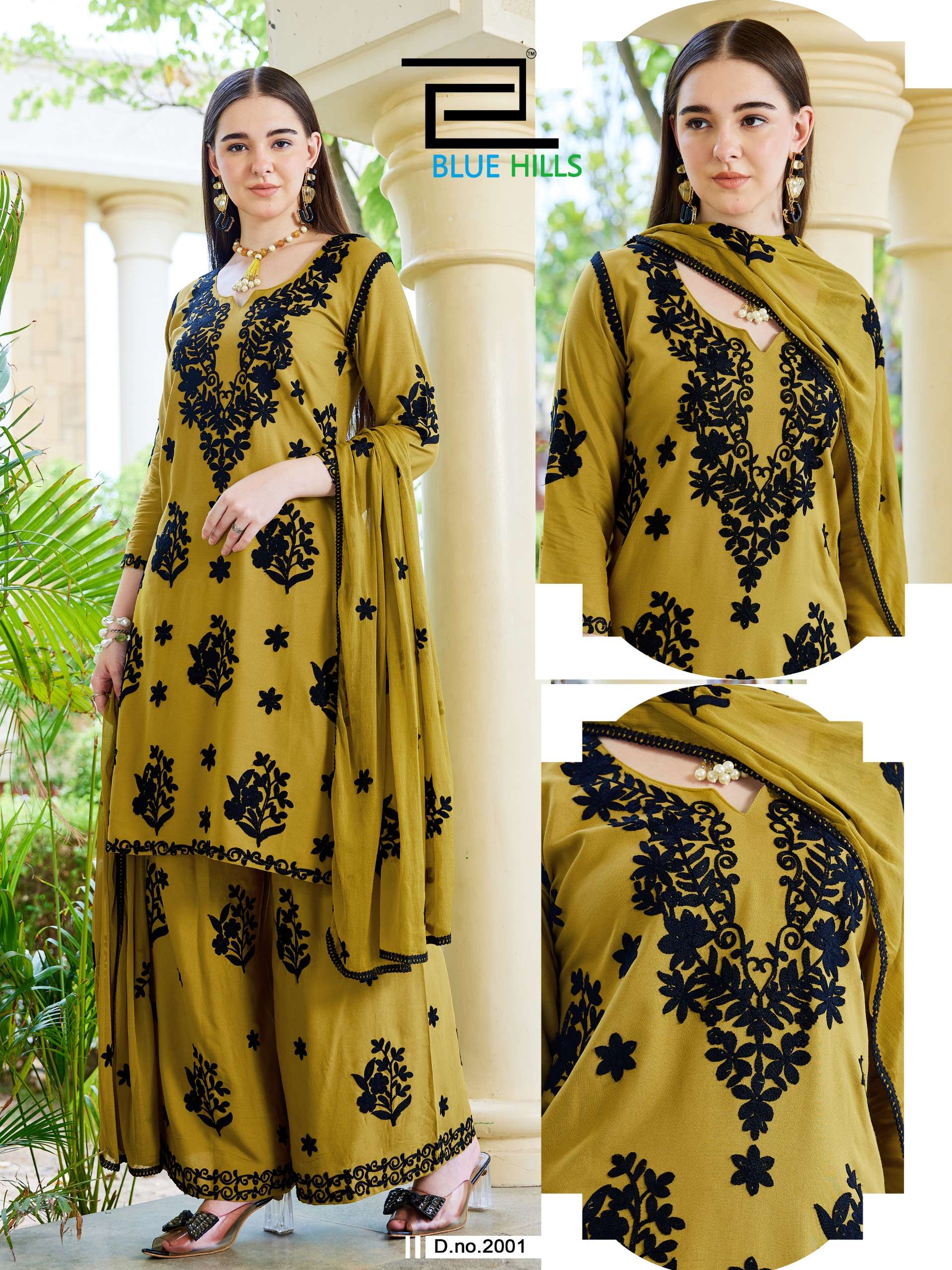 BLUE HILLS BLACK BUNNY VOL 30 RAYON FANCY WORKS LADIES KURTI BOTTOM AND DUPATTA SET 