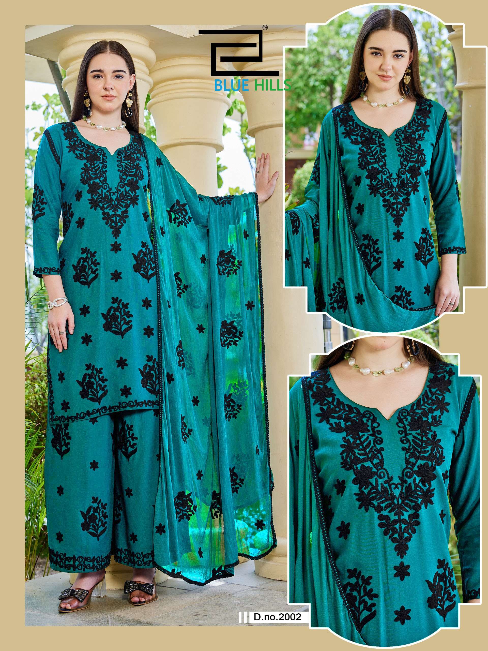 BLUE HILLS BLACK BUNNY VOL 30 RAYON FANCY WORKS LADIES KURTI BOTTOM AND DUPATTA SET 
