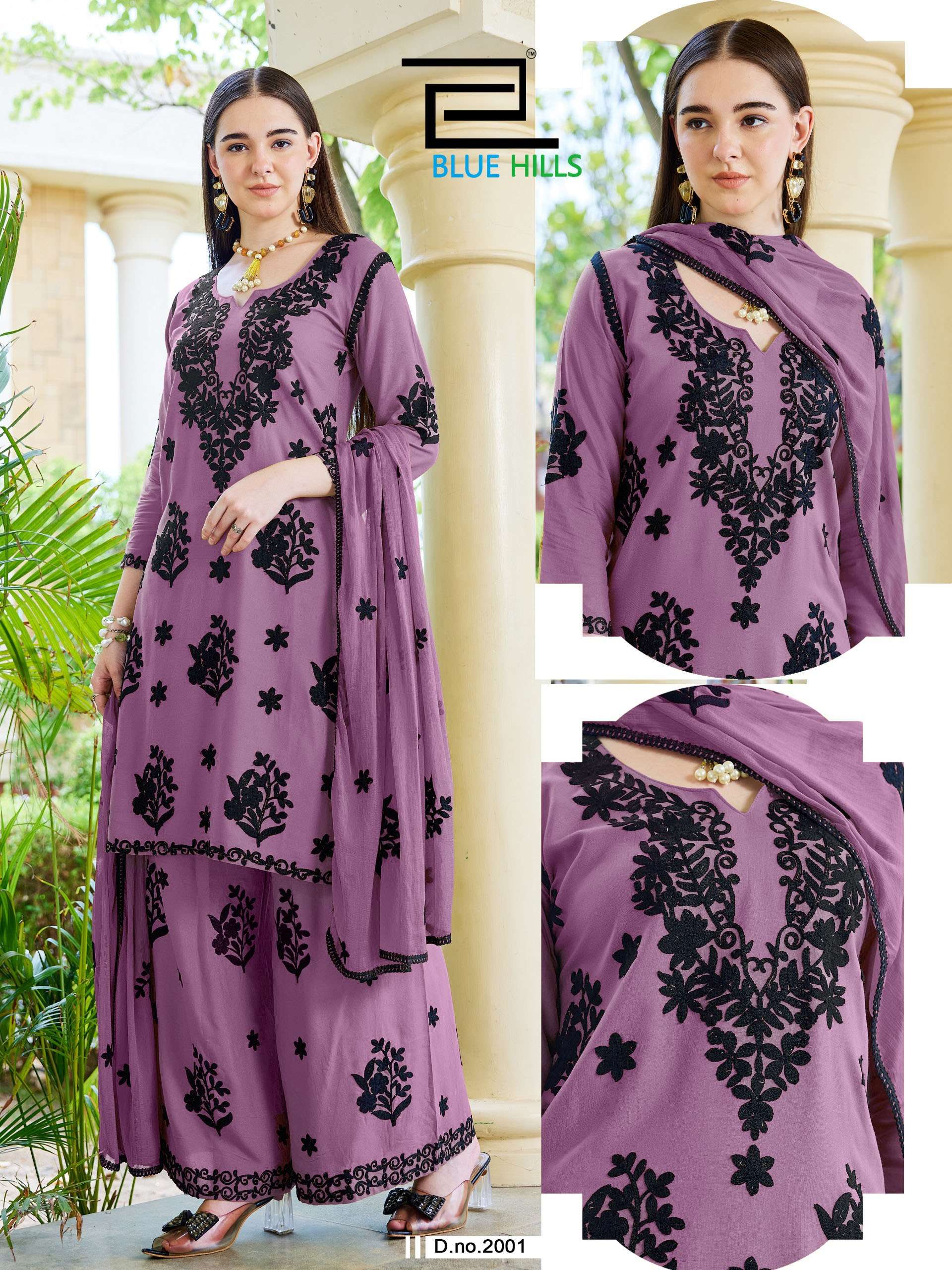 BLUE HILLS BLACK BUNNY VOL 30 RAYON FANCY WORKS LADIES KURTI BOTTOM AND DUPATTA SET 