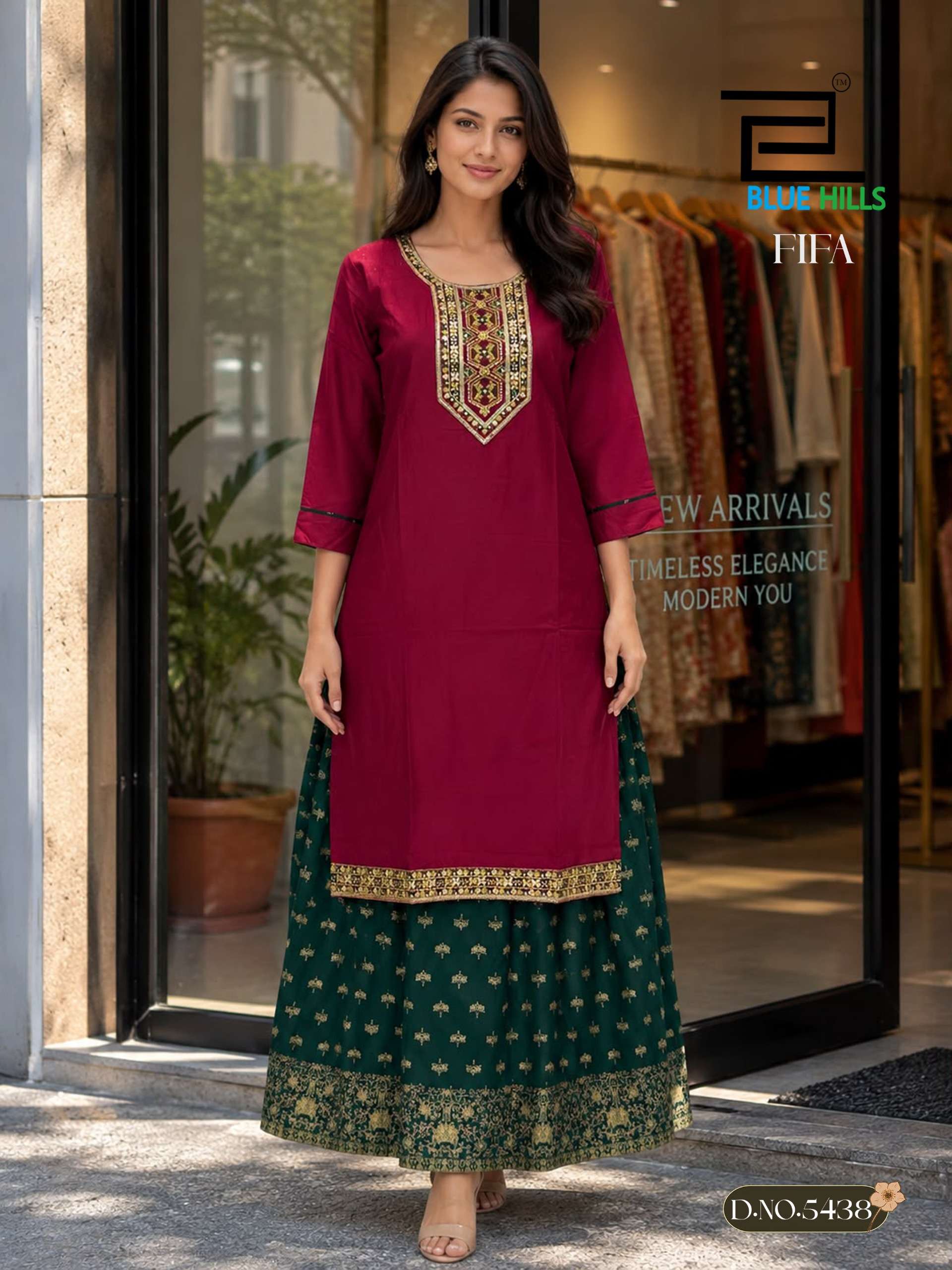 BLUE HILLS FIFA RAYON FANCY WORKS LADIES KURTI WITH SKIRT PAIRS