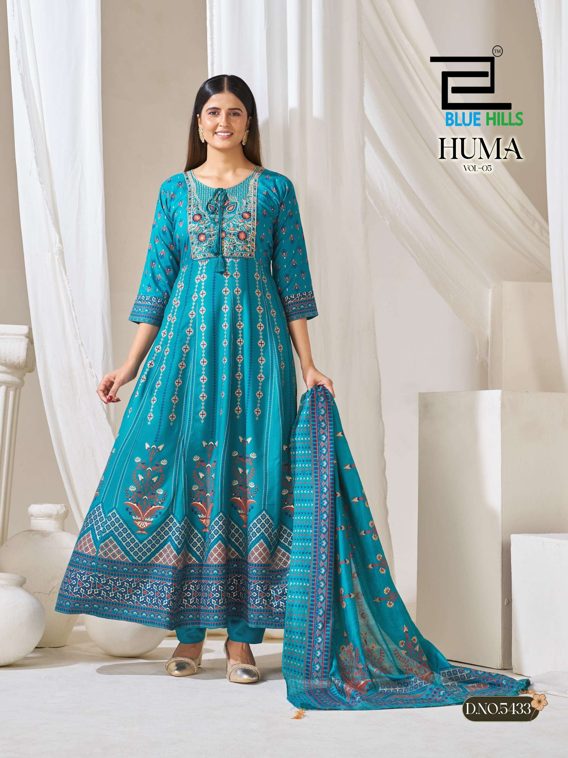 BLUE HILLS HUMA VOL 5 RAYON FANCY WORKS ANARKALI GOWN WITH BOTTOM AND DUPATTA SET 
