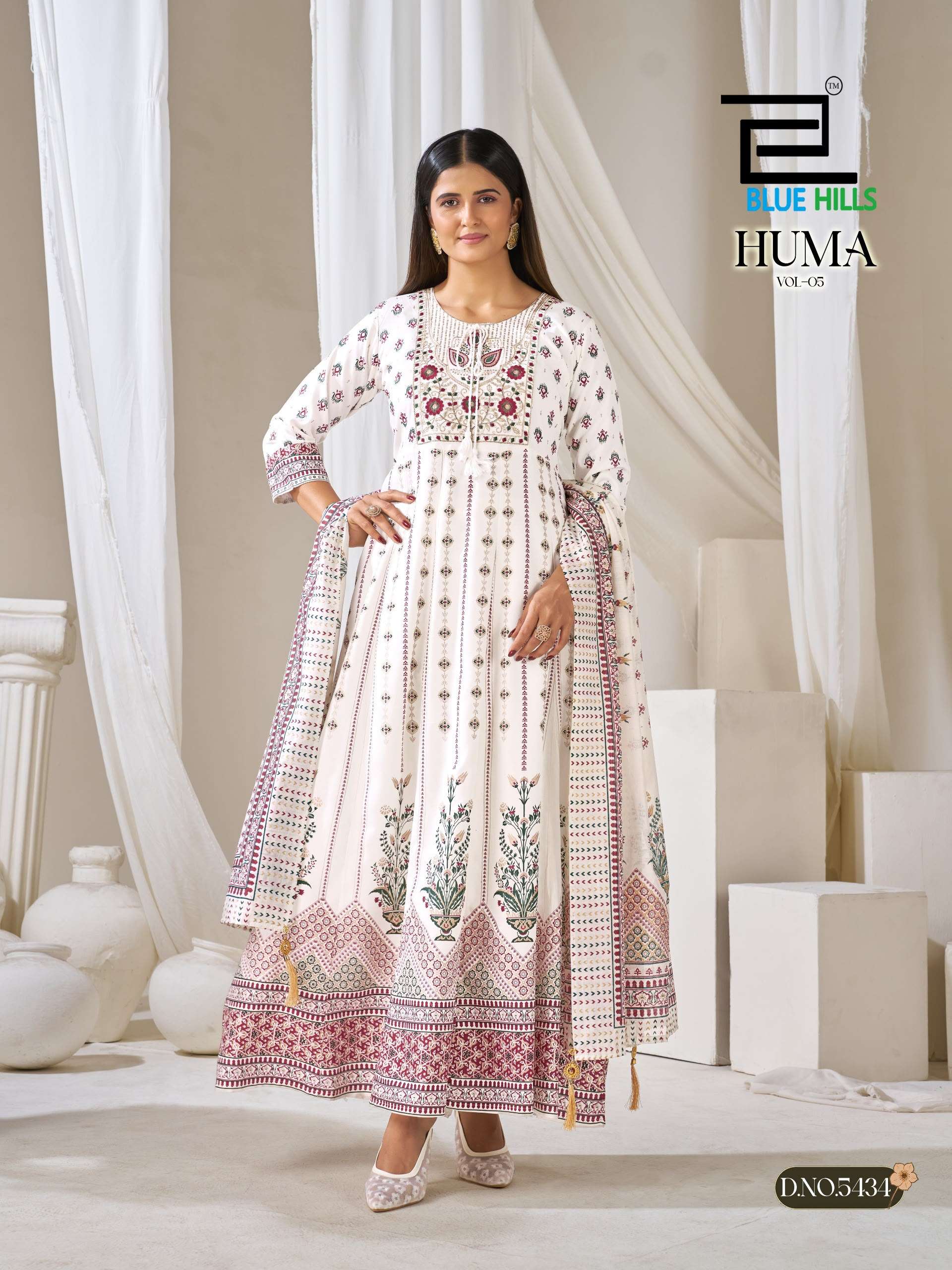 BLUE HILLS HUMA VOL 5 RAYON FANCY WORKS ANARKALI GOWN WITH BOTTOM AND DUPATTA SET 