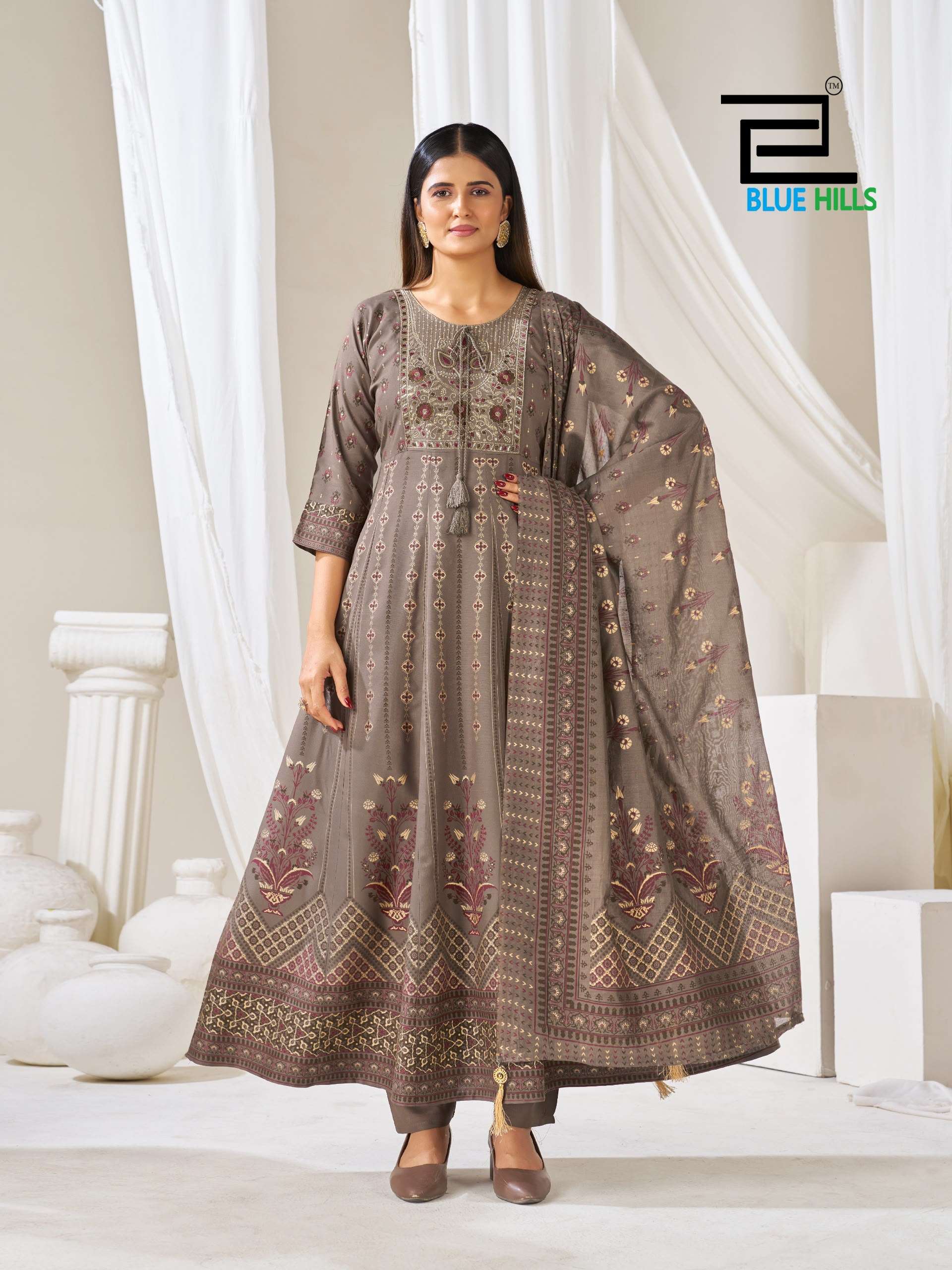 BLUE HILLS HUMA VOL 5 RAYON FANCY WORKS ANARKALI GOWN WITH BOTTOM AND DUPATTA SET 
