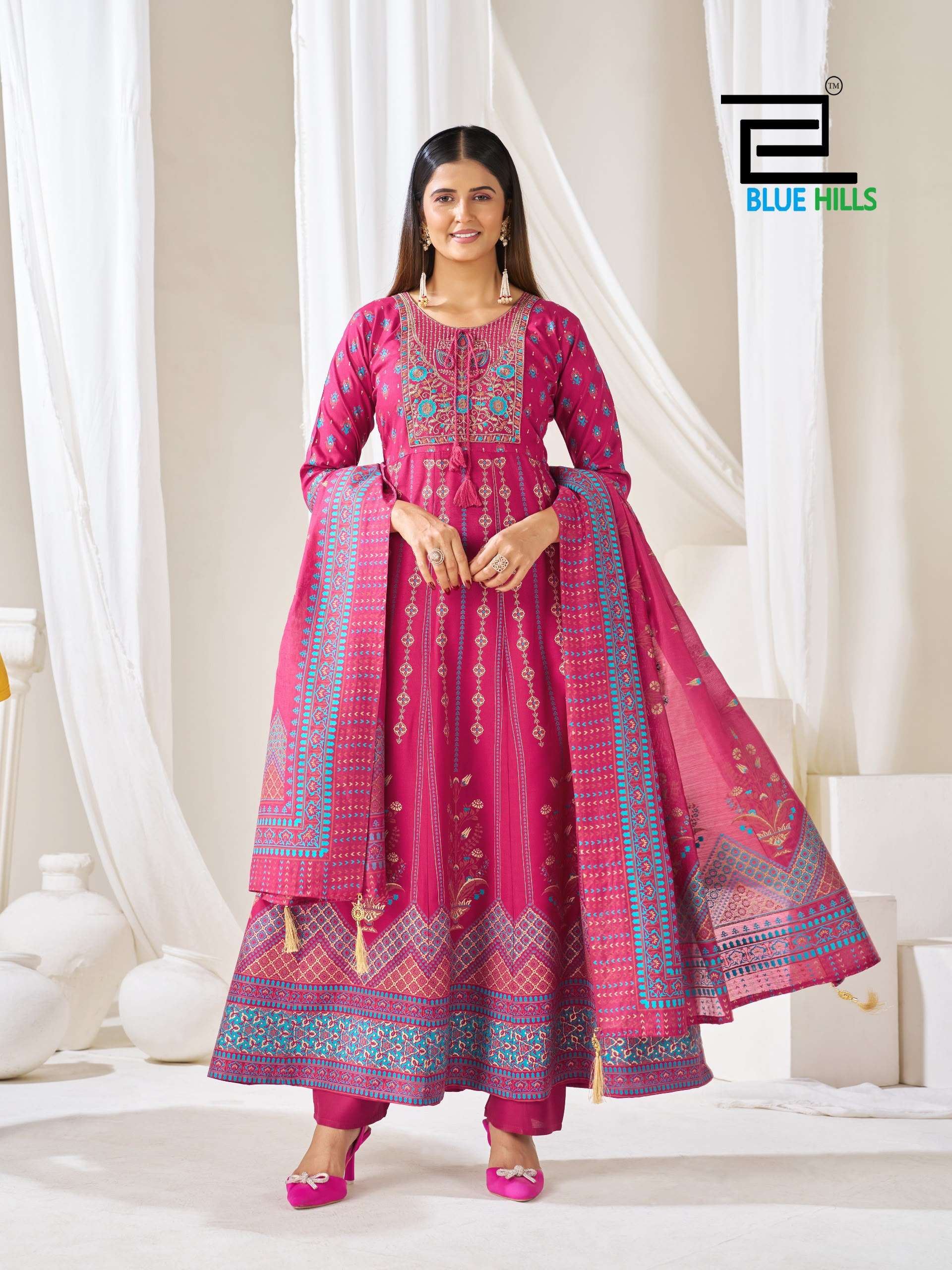BLUE HILLS HUMA VOL 5 RAYON FANCY WORKS ANARKALI GOWN WITH BOTTOM AND DUPATTA SET 