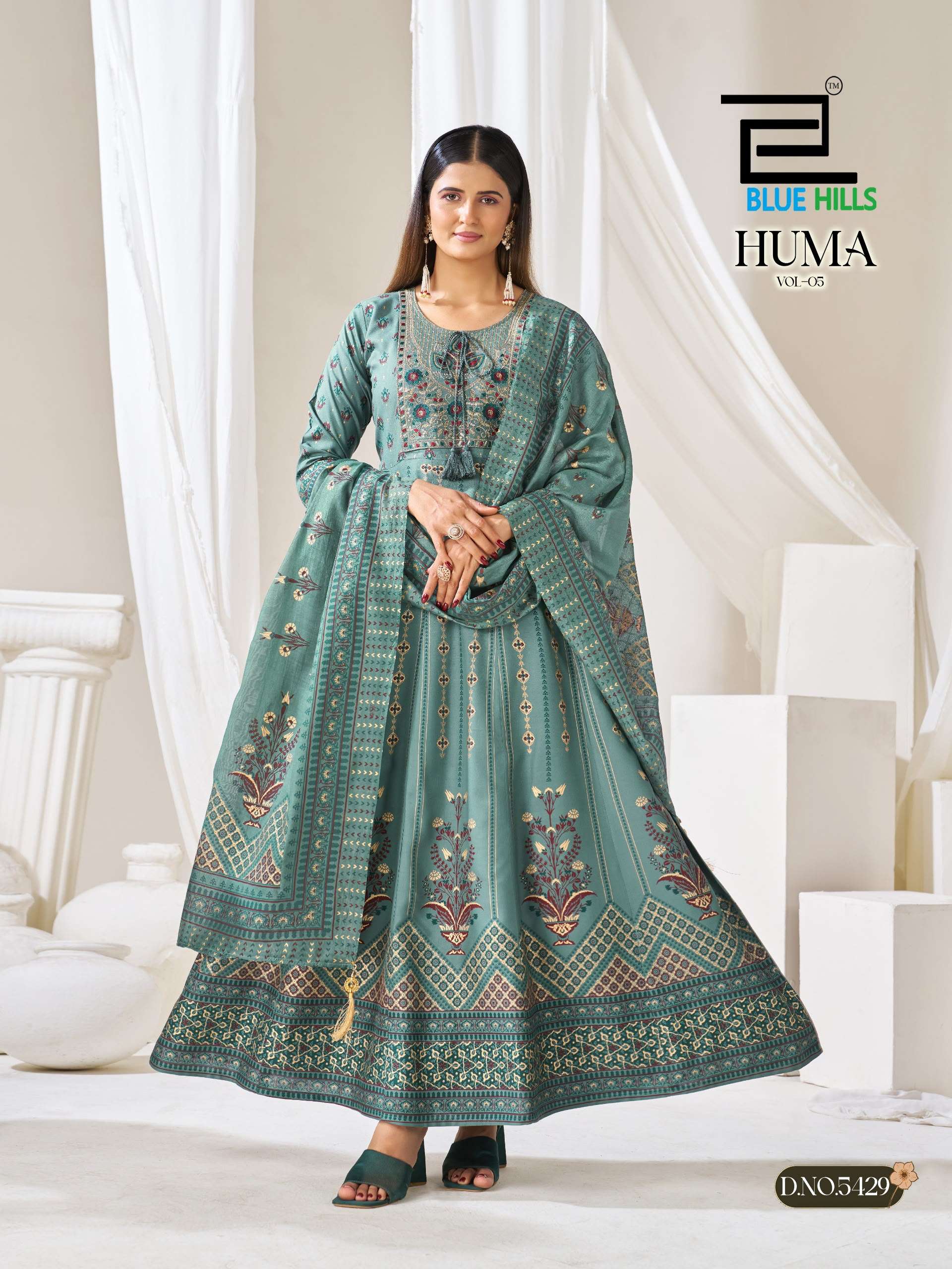 BLUE HILLS HUMA VOL 5 RAYON FANCY WORKS ANARKALI GOWN WITH BOTTOM AND DUPATTA SET 