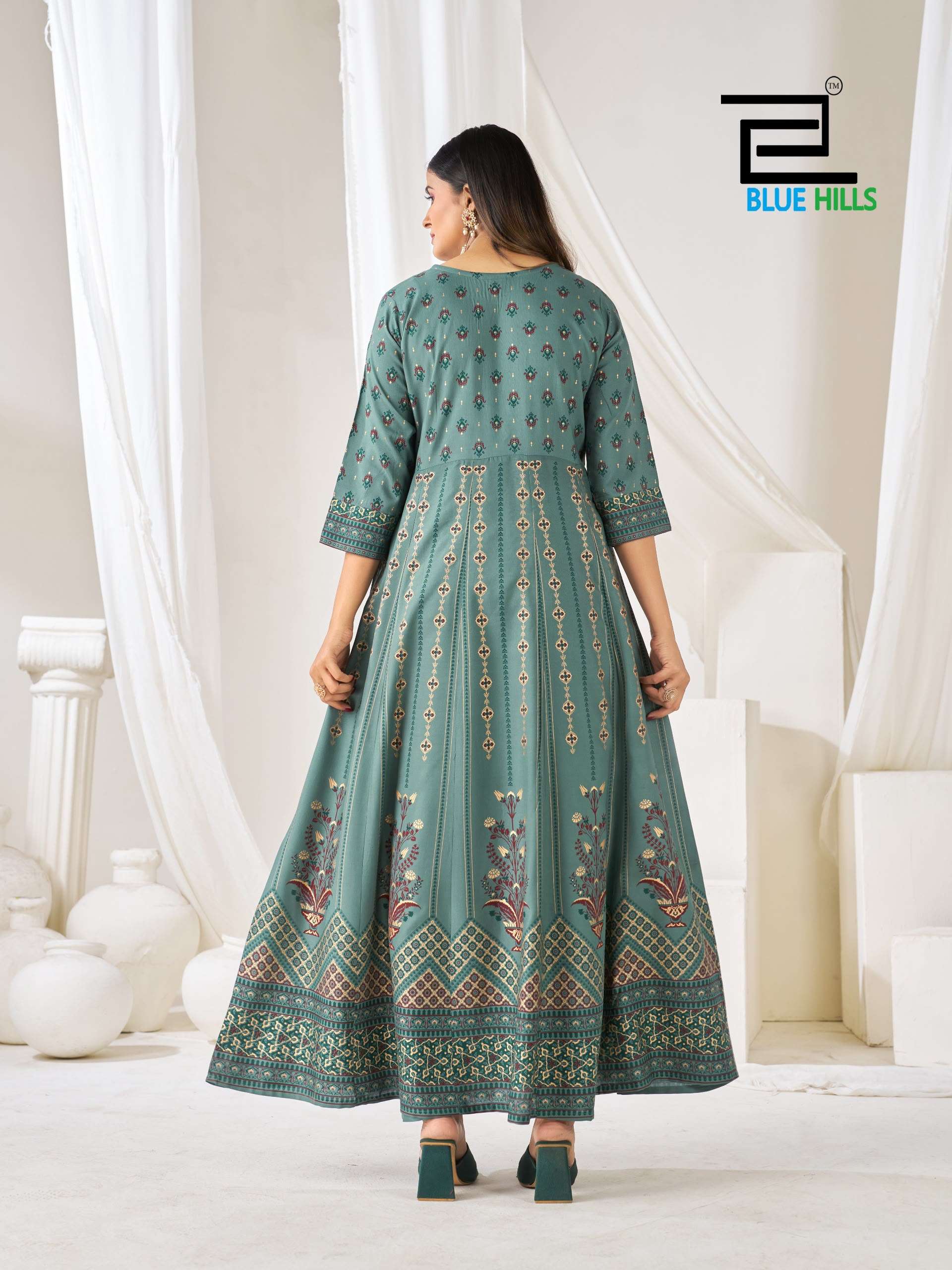 BLUE HILLS HUMA VOL 5 RAYON FANCY WORKS ANARKALI GOWN WITH BOTTOM AND DUPATTA SET 