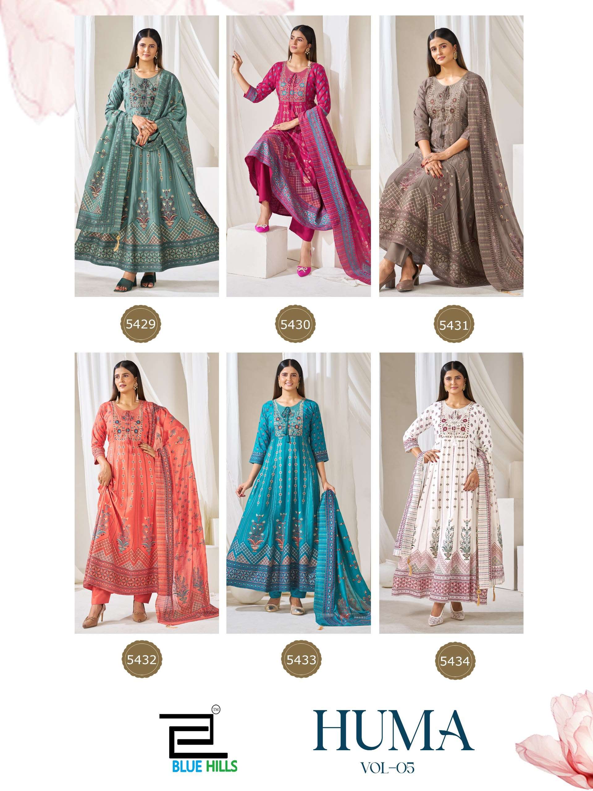 BLUE HILLS HUMA VOL 5 RAYON FANCY WORKS ANARKALI GOWN WITH BOTTOM AND DUPATTA SET 