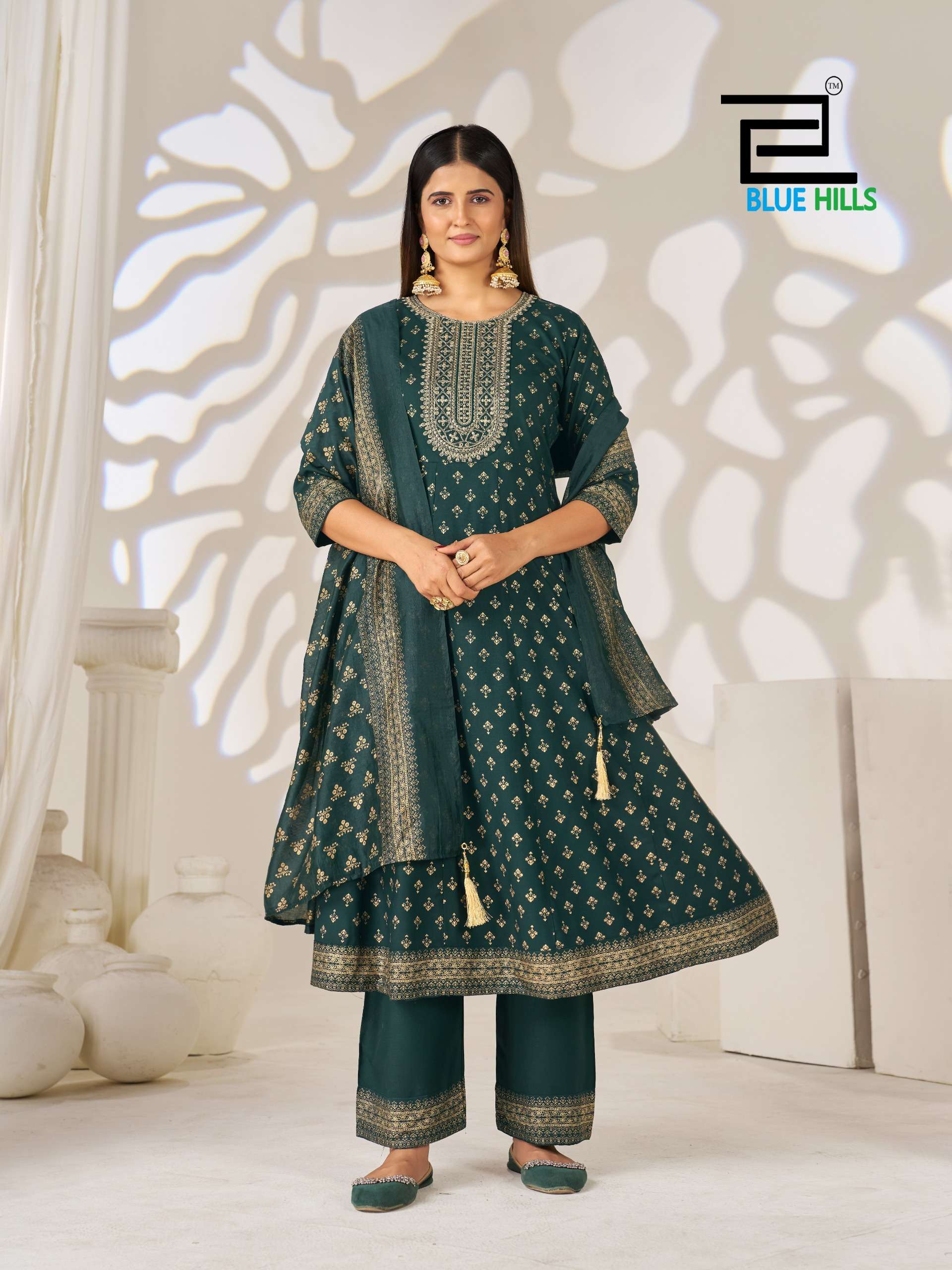 BLUE HILLS LIGHT OF FESTIVAL RAYON FANCY WORKS ANARKALI GOWN STYLE 3PCS SET COLLECTION 