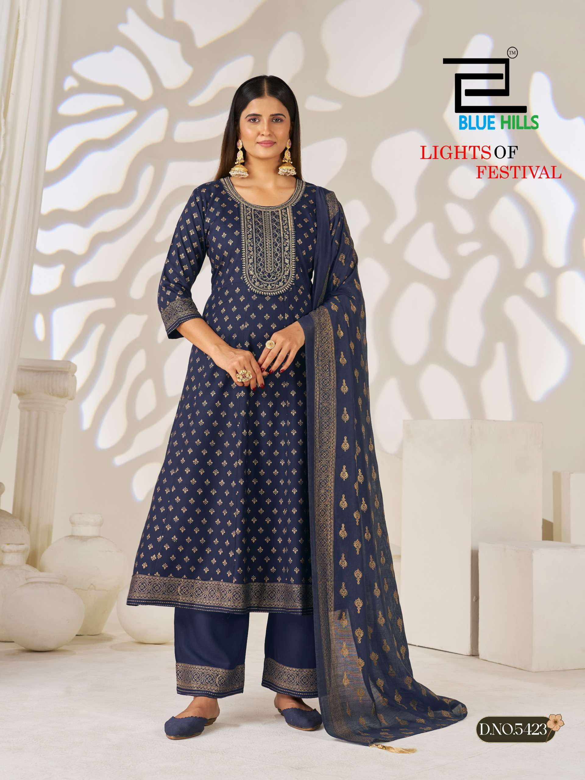 BLUE HILLS LIGHT OF FESTIVAL RAYON FANCY WORKS ANARKALI GOWN STYLE 3PCS SET COLLECTION 