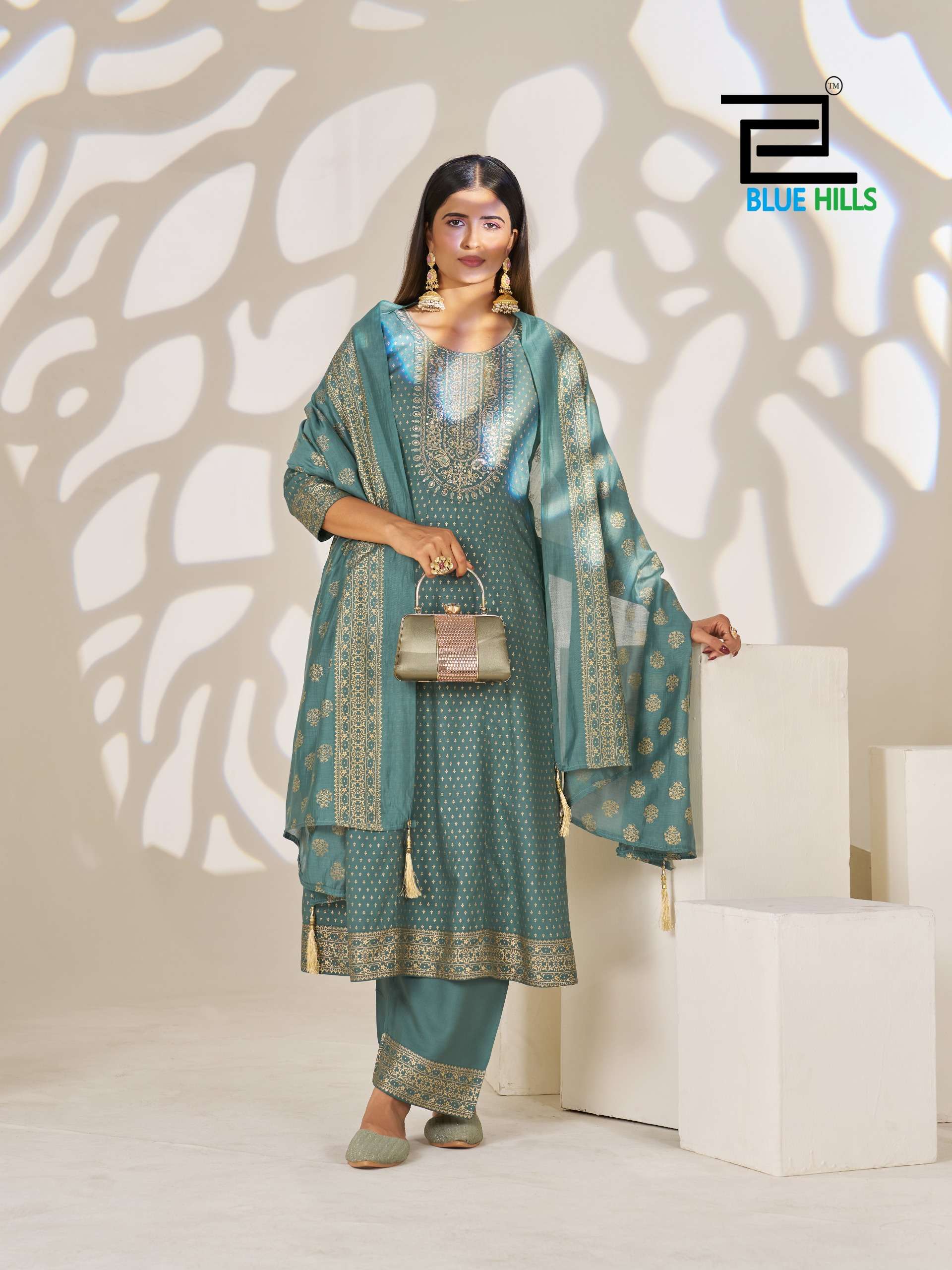 BLUE HILLS LIGHT OF FESTIVAL RAYON FANCY WORKS ANARKALI GOWN STYLE 3PCS SET COLLECTION 