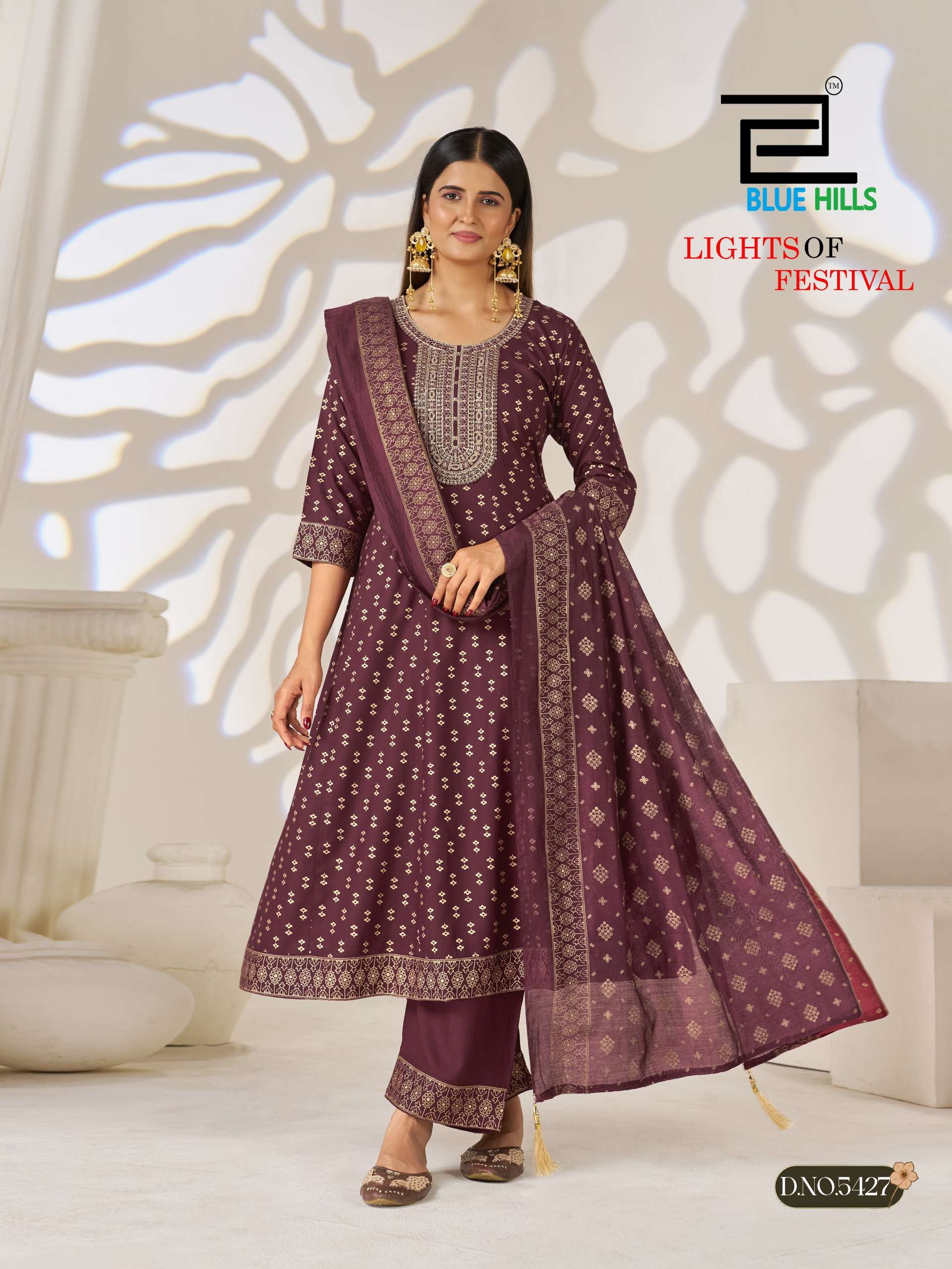 BLUE HILLS LIGHT OF FESTIVAL RAYON FANCY WORKS ANARKALI GOWN STYLE 3PCS SET COLLECTION 
