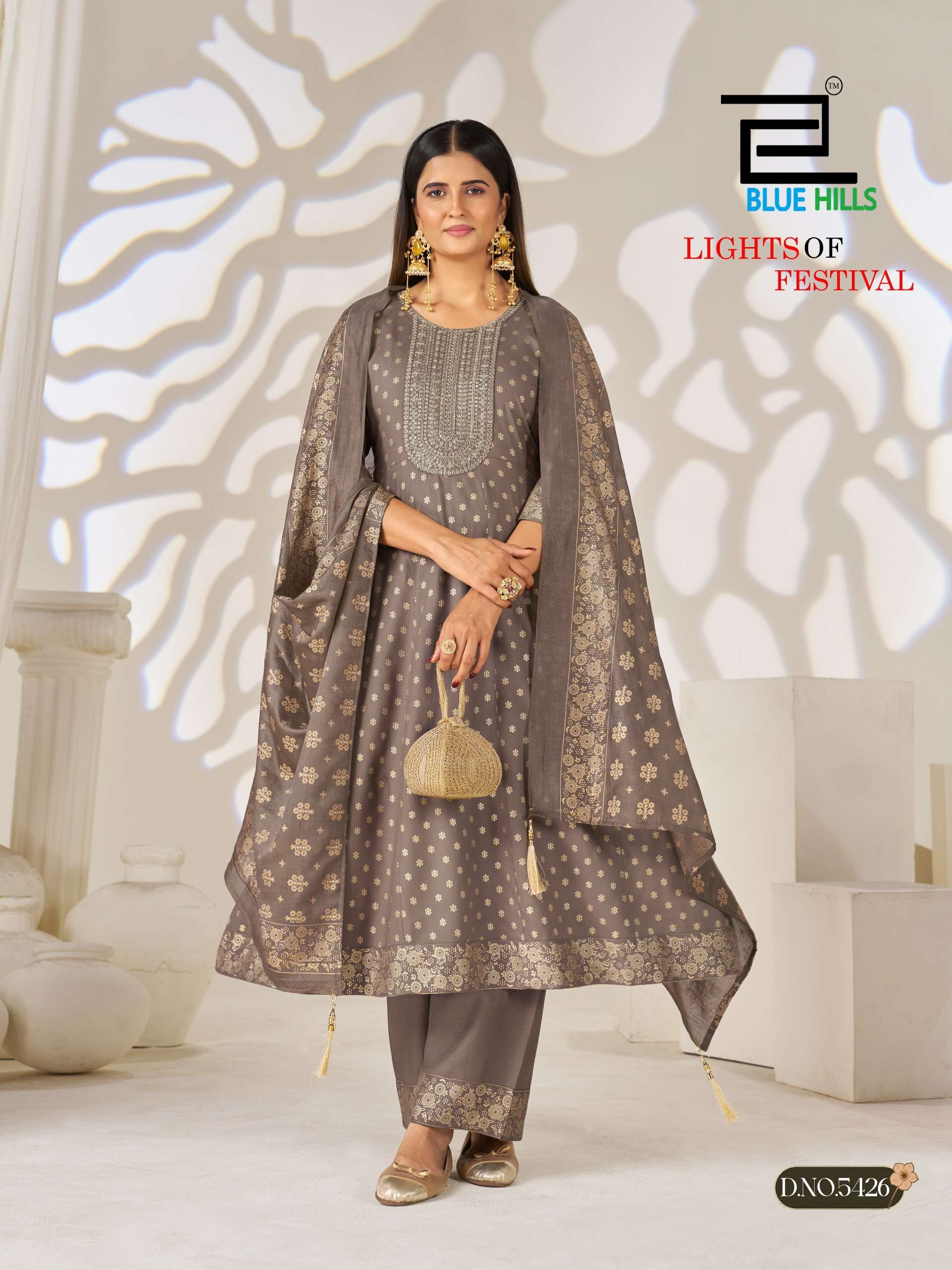 BLUE HILLS LIGHT OF FESTIVAL RAYON FANCY WORKS ANARKALI GOWN STYLE 3PCS SET COLLECTION 