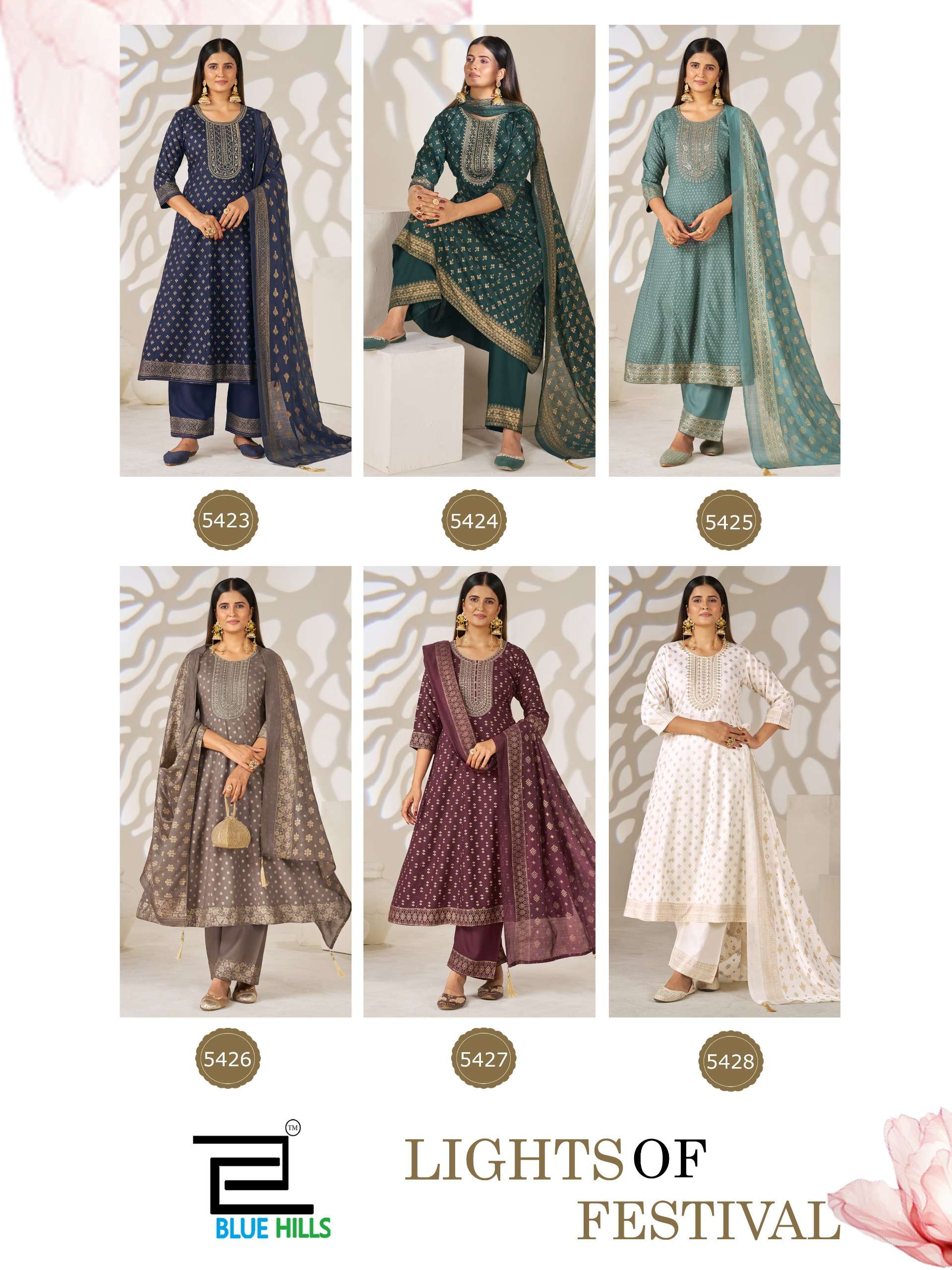 BLUE HILLS LIGHT OF FESTIVAL RAYON FANCY WORKS ANARKALI GOWN STYLE 3PCS SET COLLECTION 