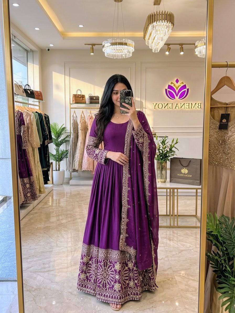 FD 801 SILK SEQUENCE EMBROIDERY DESIGNER WORK ANARKALI GOWN STYLE LADIES SUIT