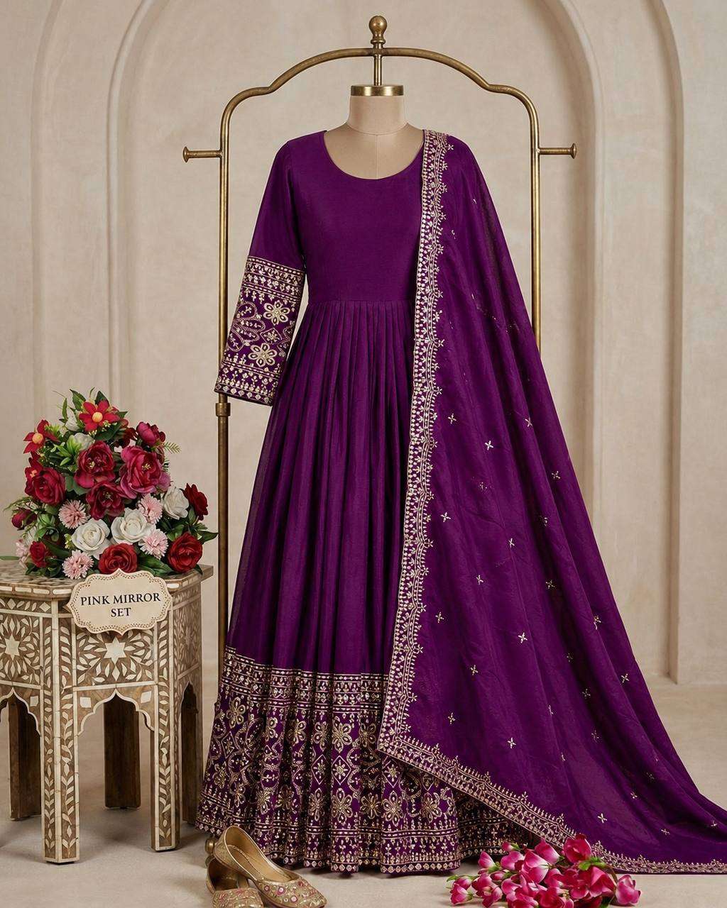 FD 801 SILK SEQUENCE EMBROIDERY DESIGNER WORK ANARKALI GOWN STYLE LADIES SUIT