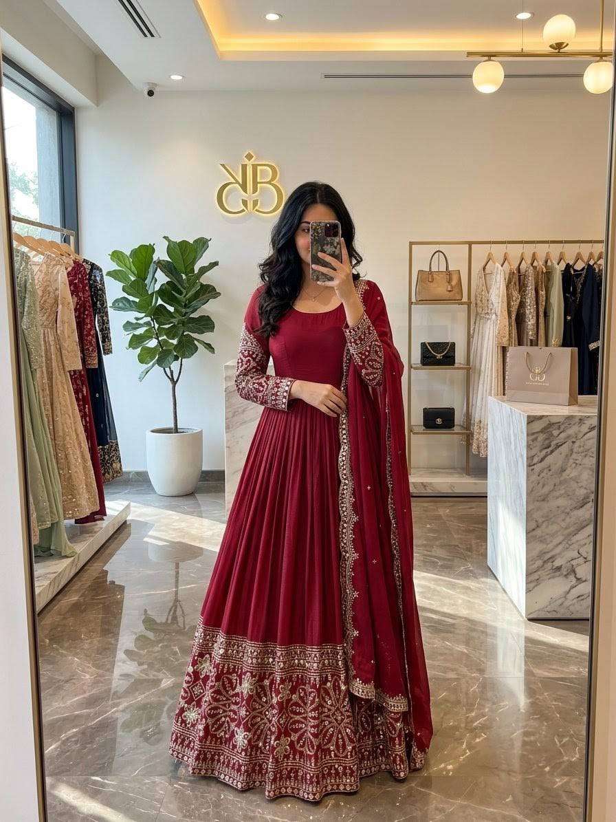 FD 801 SILK SEQUENCE EMBROIDERY DESIGNER WORK ANARKALI GOWN STYLE LADIES SUIT