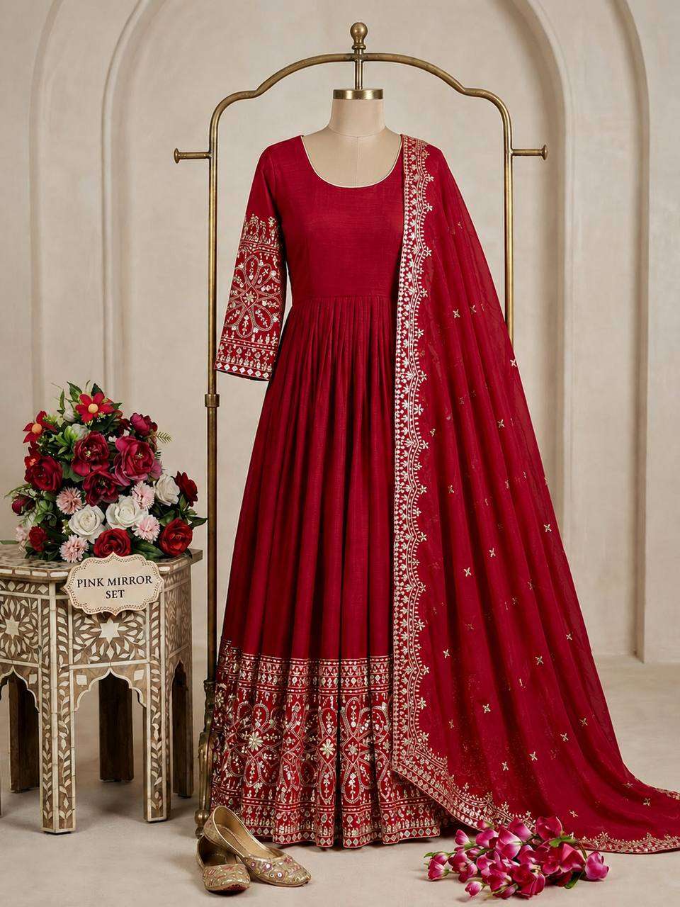 FD 801 SILK SEQUENCE EMBROIDERY DESIGNER WORK ANARKALI GOWN STYLE LADIES SUIT