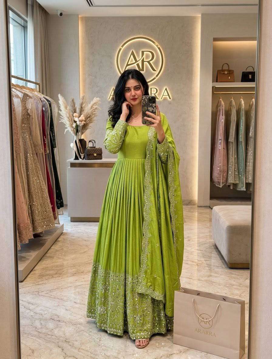 FD 801 SILK SEQUENCE EMBROIDERY DESIGNER WORK ANARKALI GOWN STYLE LADIES SUIT