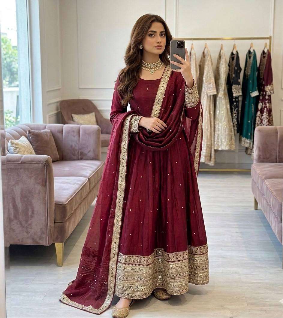FD 802 SATIN SILK SEQUENCE EMBROIDERY DESIGNER WORK PARTY WEAR LADIES ANARKALI GOWN STYLE SUIT