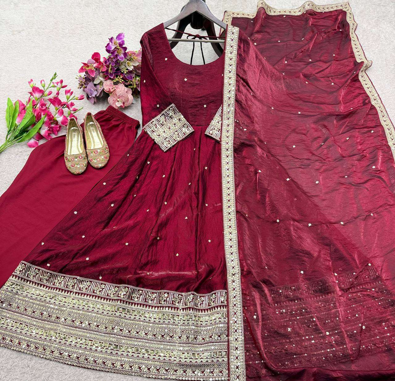 FD 802 SATIN SILK SEQUENCE EMBROIDERY DESIGNER WORK PARTY WEAR LADIES ANARKALI GOWN STYLE SUIT