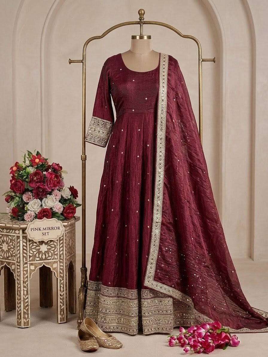 FD 802 SATIN SILK SEQUENCE EMBROIDERY DESIGNER WORK PARTY WEAR LADIES ANARKALI GOWN STYLE SUIT
