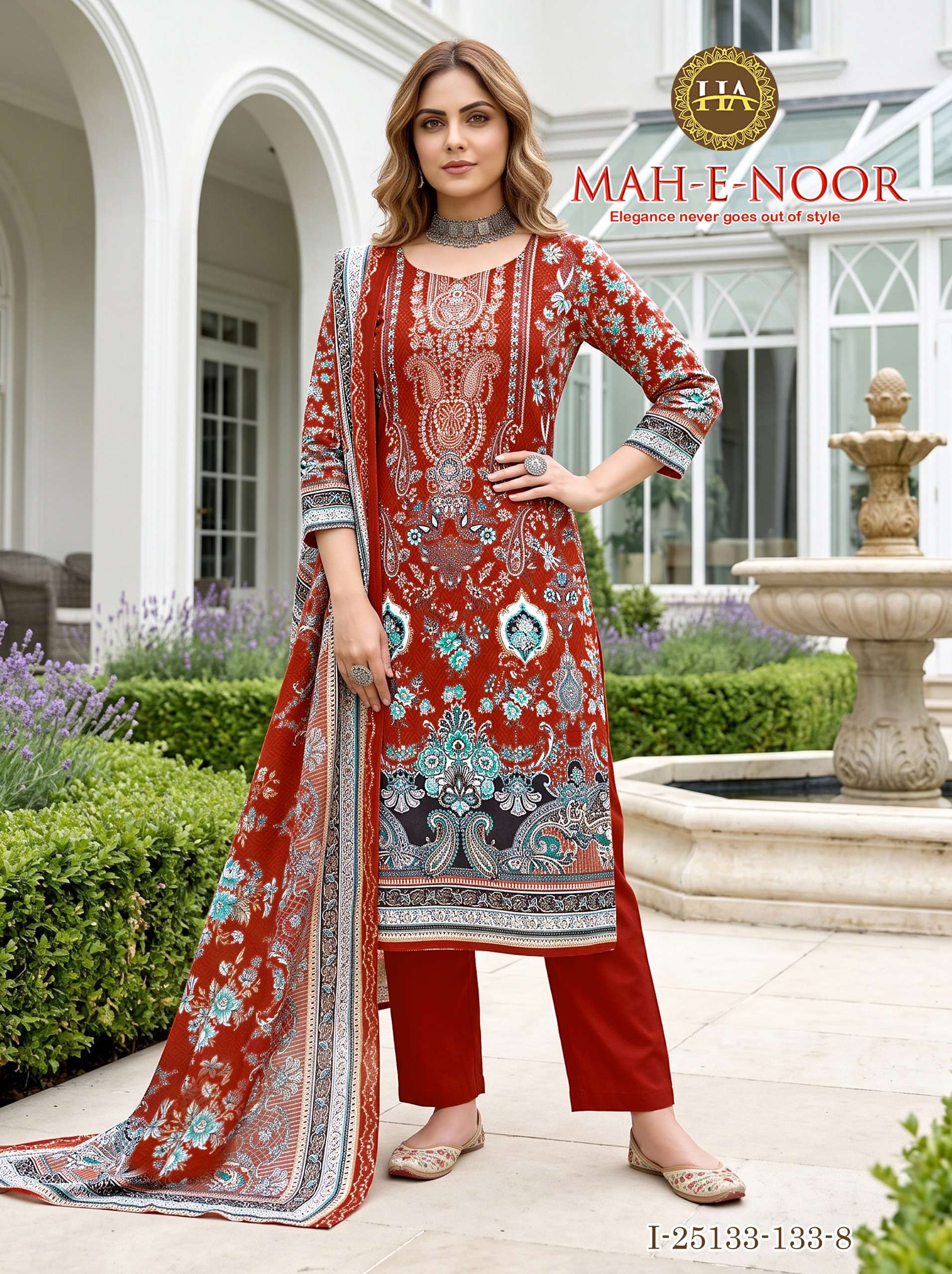 HARSHIT FASHION HUB MAH E NOOR RAYON DIGITAL PRINT WITH FANCY WORK SUIT