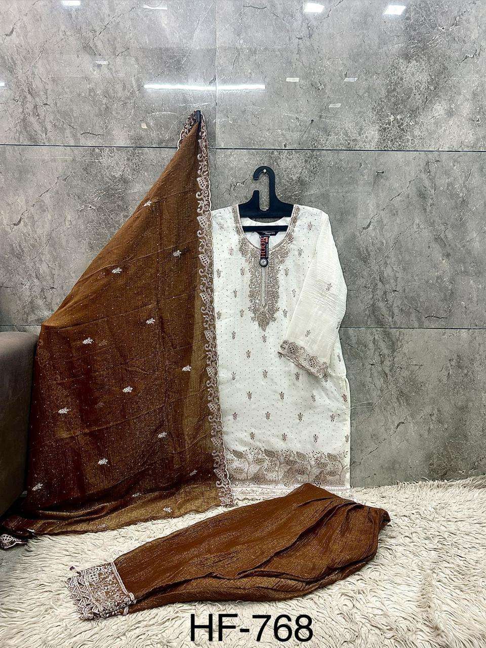 HOOR TEX HF 768 SILK FABRICS DESIGNER WORK READY MADE PAKISTANI SUIT