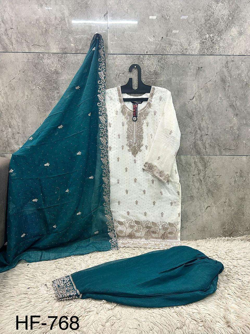 HOOR TEX HF 768 SILK FABRICS DESIGNER WORK READY MADE PAKISTANI SUIT