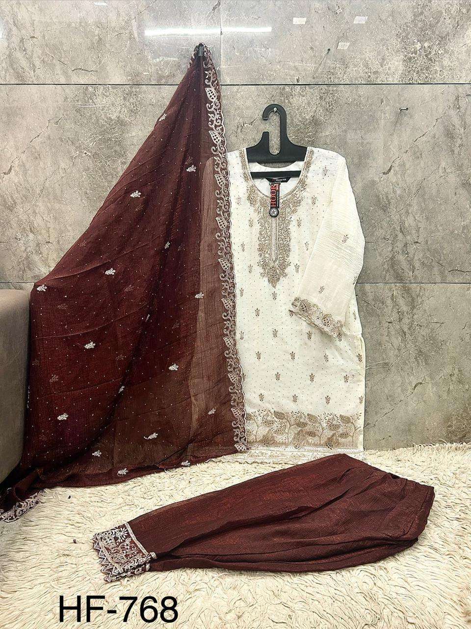 HOOR TEX HF 768 SILK FABRICS DESIGNER WORK READY MADE PAKISTANI SUIT