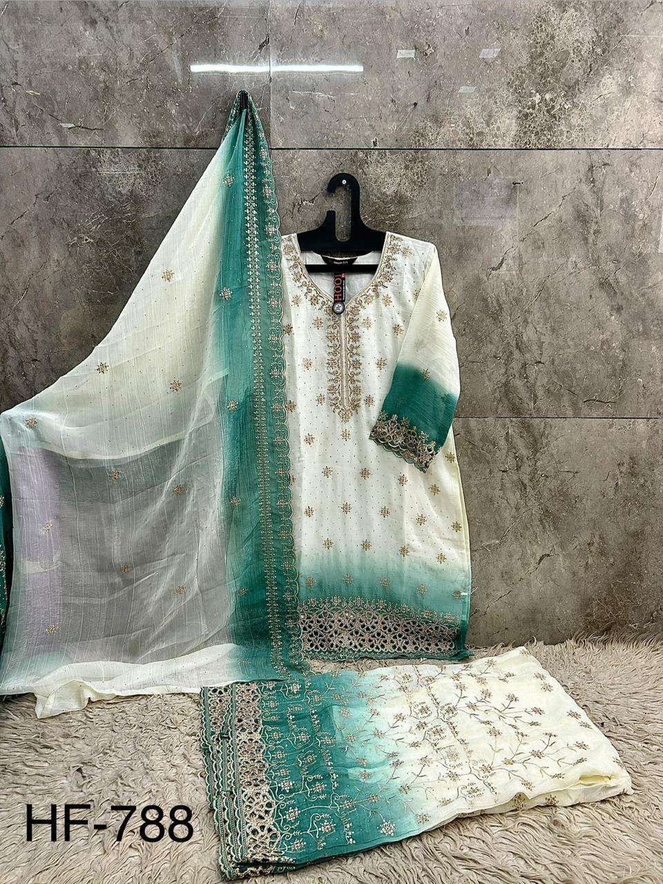 HOOR TEX HF 857 SHADED FABRIC BEAUTIFUL DESIGNER WORK READY MADE PAKISTANI SUIT