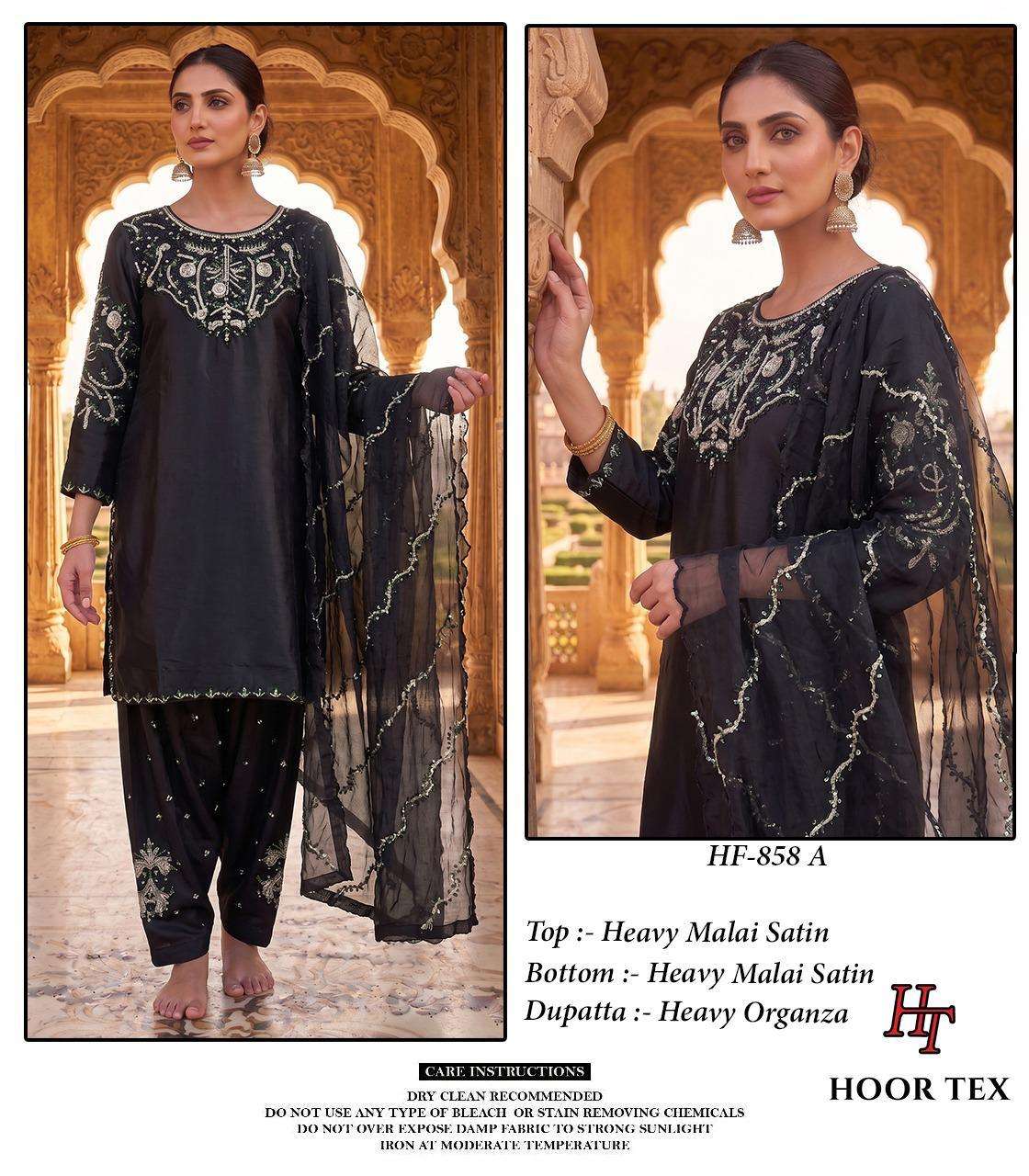 HOOR TEX HF 858 SATIN FABRIC BEAUTIFUL DESIGNER WORK READY MADE PAKISTANI SUIT
