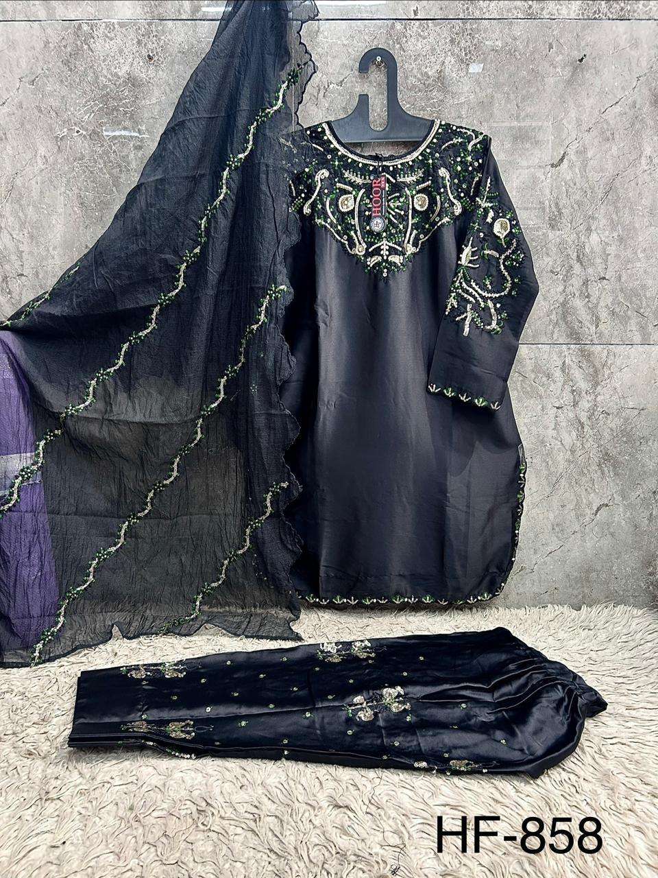 HOOR TEX HF 858 SATIN FABRIC BEAUTIFUL DESIGNER WORK READY MADE PAKISTANI SUIT