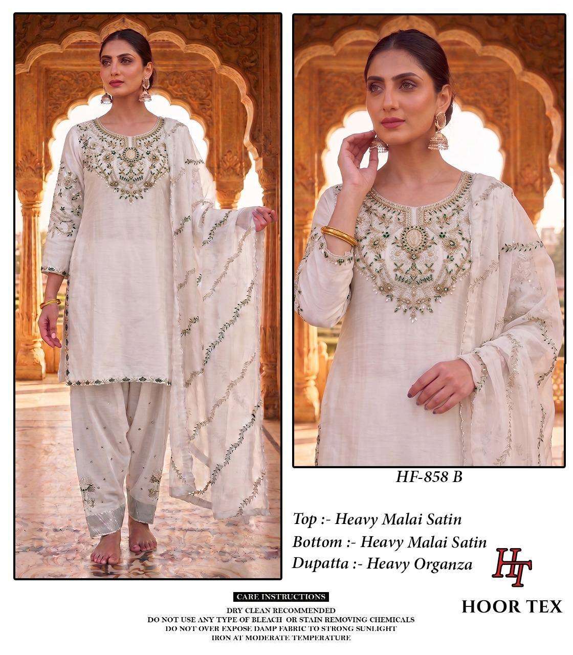 HOOR TEX HF 858 SATIN FABRIC BEAUTIFUL DESIGNER WORK READY MADE PAKISTANI SUIT