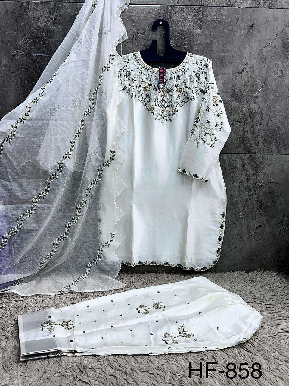 HOOR TEX HF 858 SATIN FABRIC BEAUTIFUL DESIGNER WORK READY MADE PAKISTANI SUIT