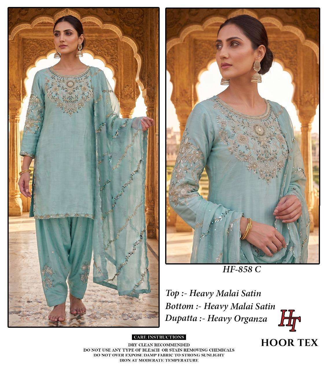 HOOR TEX HF 858 SATIN FABRIC BEAUTIFUL DESIGNER WORK READY MADE PAKISTANI SUIT
