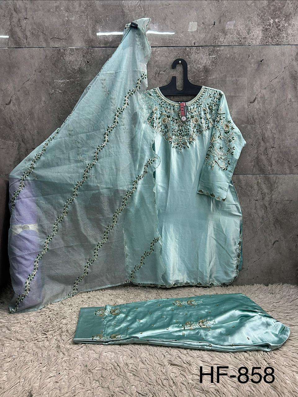 HOOR TEX HF 858 SATIN FABRIC BEAUTIFUL DESIGNER WORK READY MADE PAKISTANI SUIT