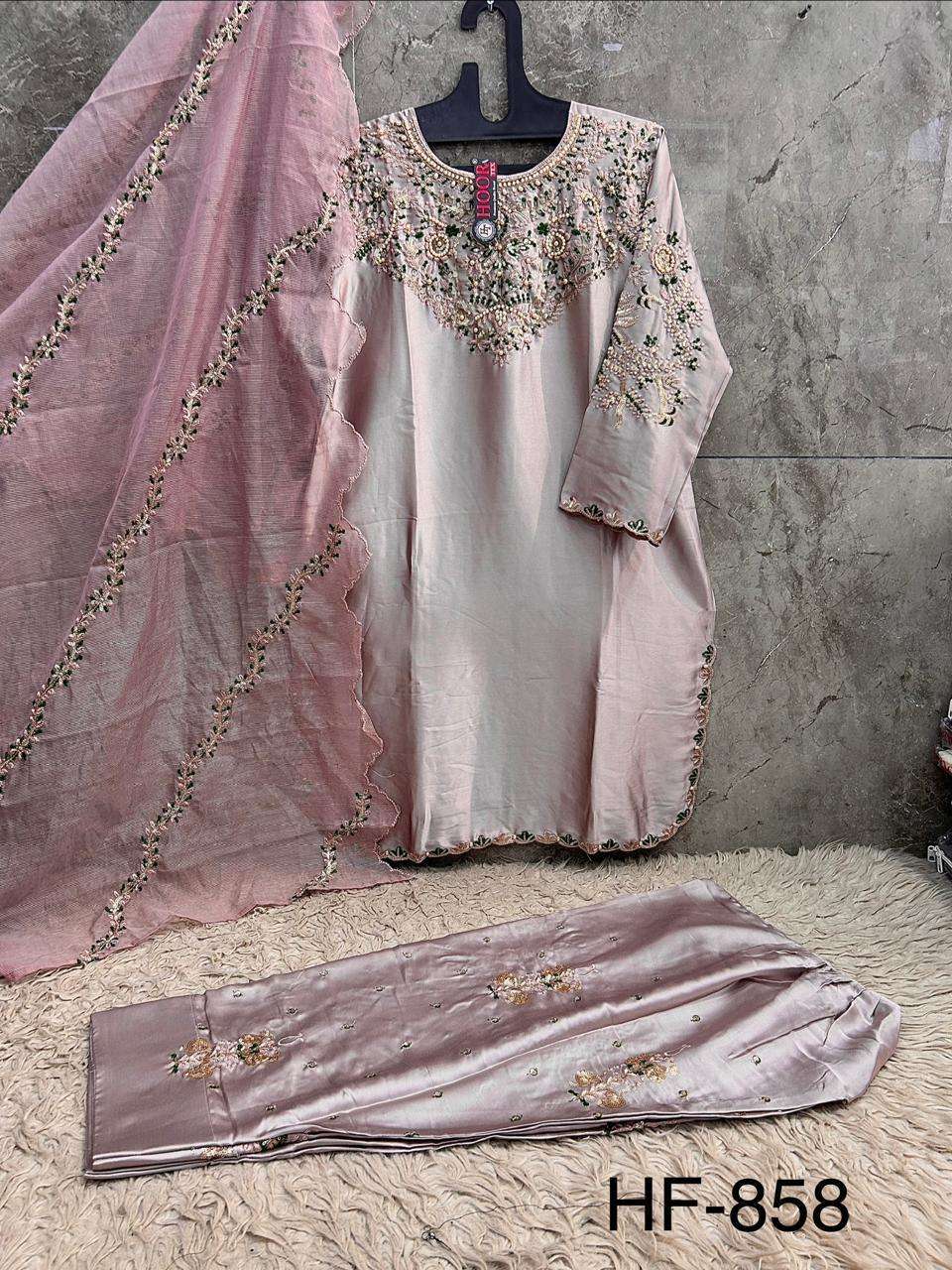 HOOR TEX HF 858 SATIN FABRIC BEAUTIFUL DESIGNER WORK READY MADE PAKISTANI SUIT