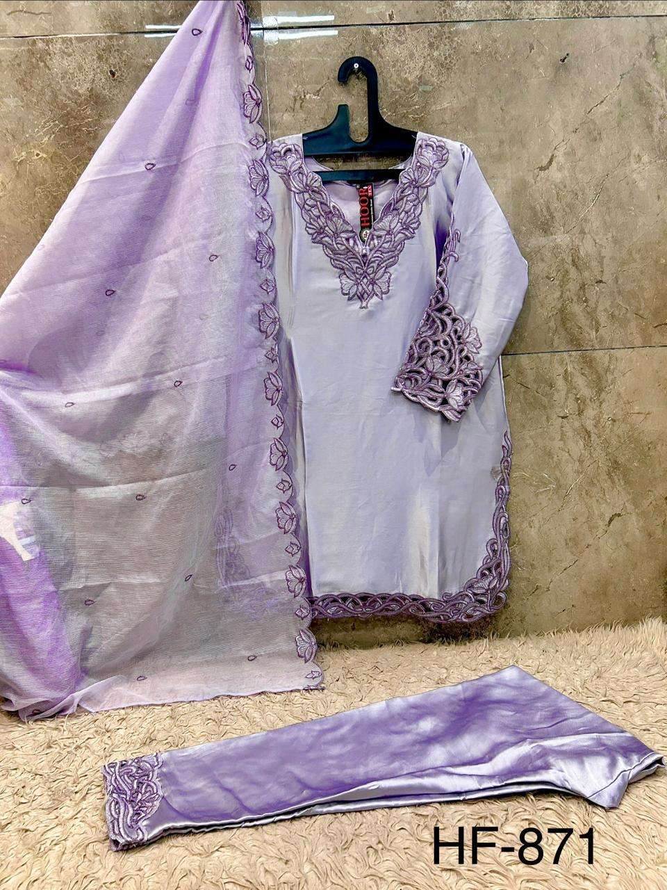 HOOR TEX HF 871 SATIN FABRIC FANCY WORKS READY MADE PAKISTANI SUIT