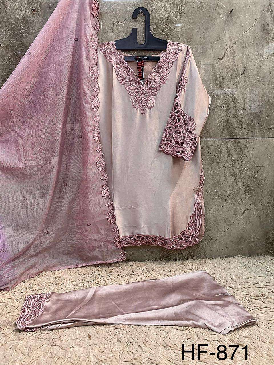 HOOR TEX HF 871 SATIN FABRIC FANCY WORKS READY MADE PAKISTANI SUIT