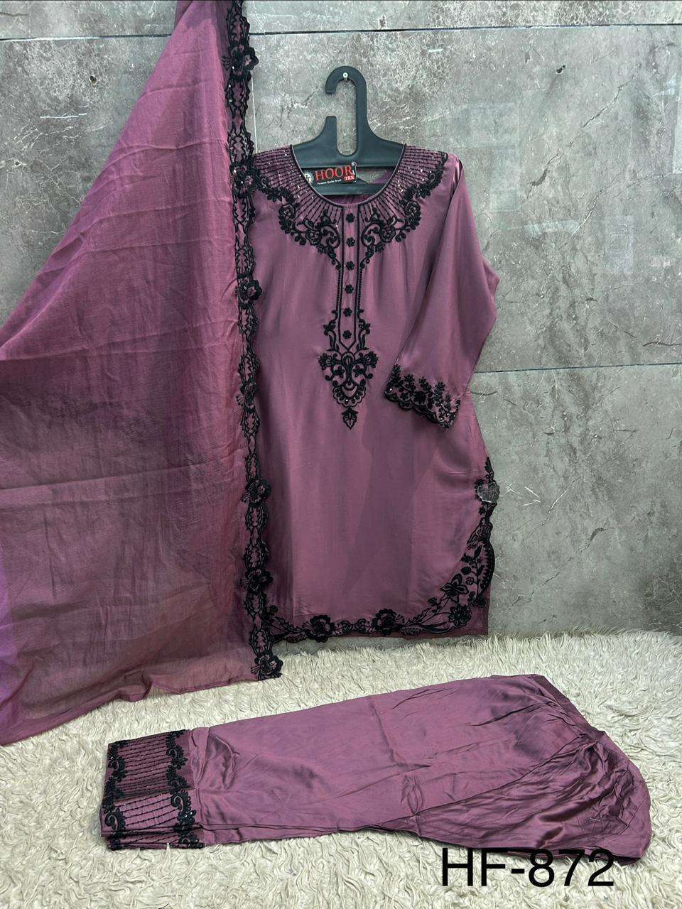 HOOR TEX HF 872 SATIN FABRIC FANCY WORKS READY MADE PAKISTANI SUIT