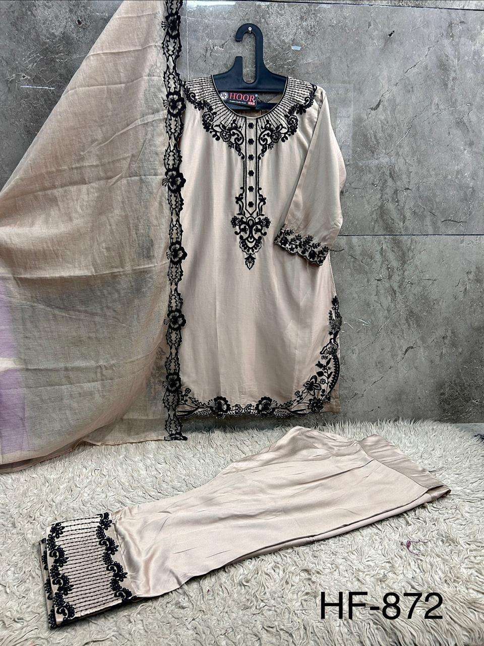 HOOR TEX HF 872 SATIN FABRIC FANCY WORKS READY MADE PAKISTANI SUIT