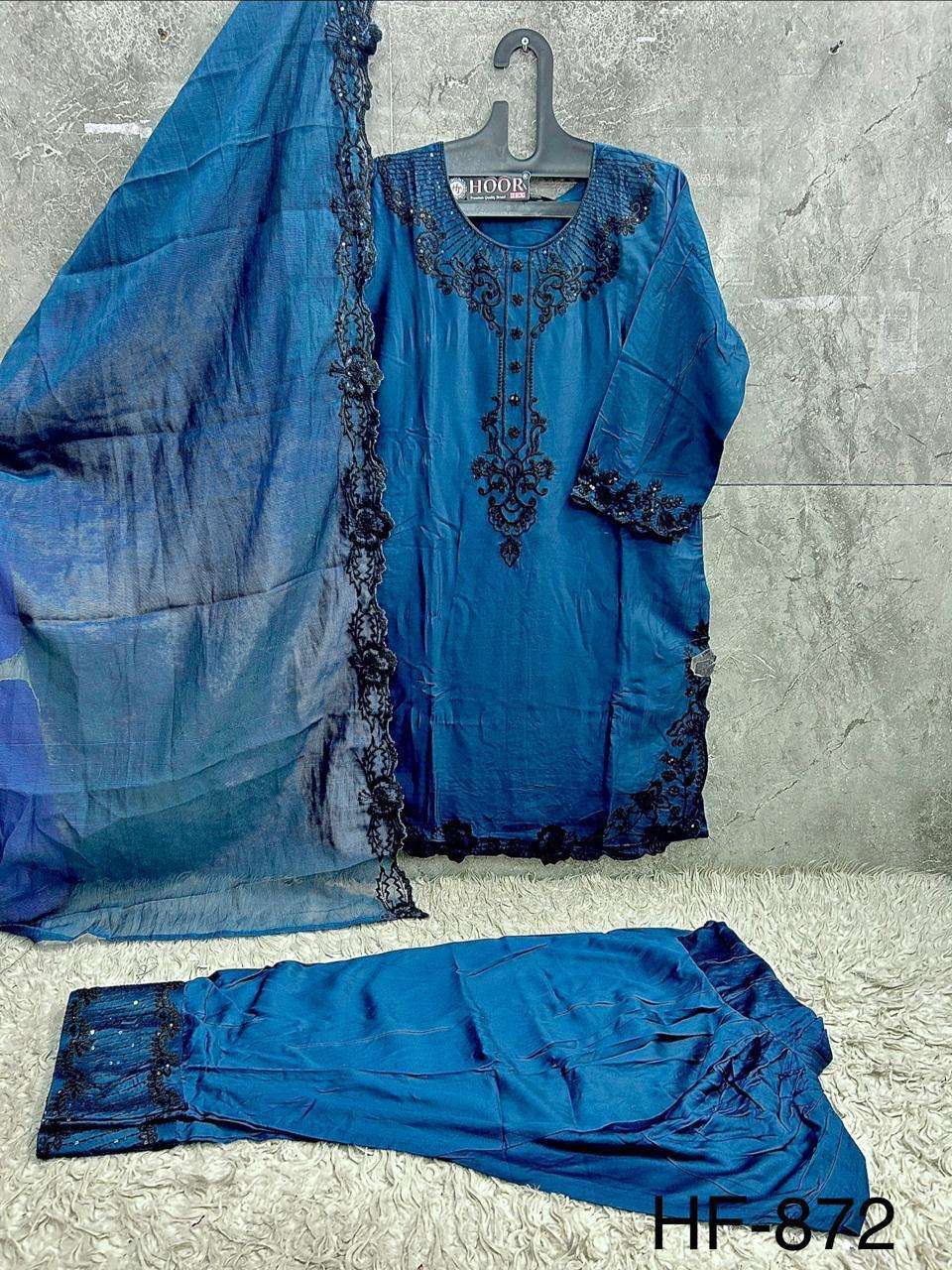 HOOR TEX HF 872 SATIN FABRIC FANCY WORKS READY MADE PAKISTANI SUIT